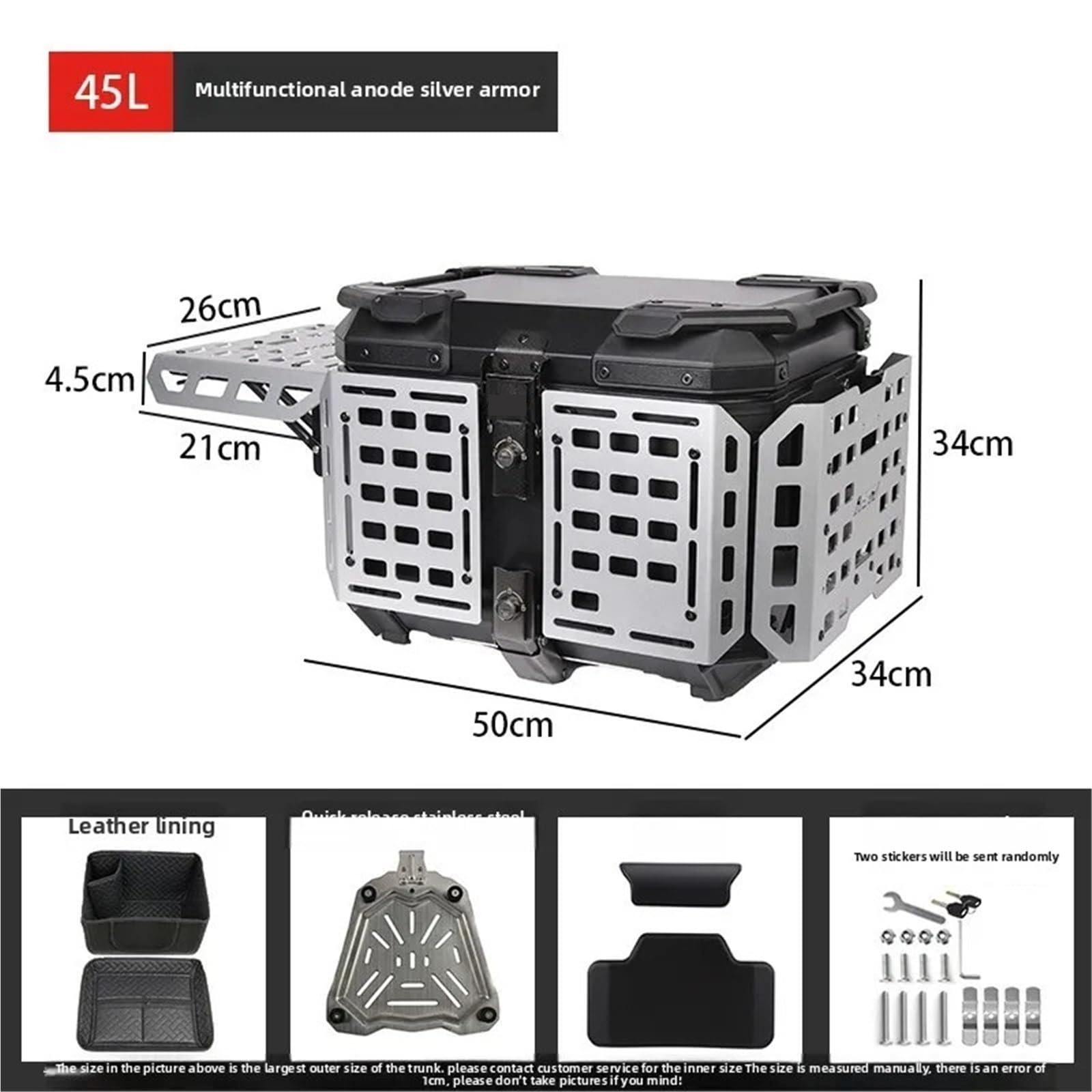 Motos Valise en pour Moto 45L en Alliage d'aluminium, hayon blindé Multifonctionnel argenté Portable avec Plaque inférieure, Coffre Noir pour Voiture électrique Motos Tail Box(Silver)