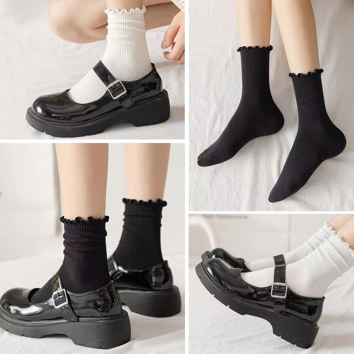 Lot de 8 paires de chaussettes à volants en coton plissé pour femme - Chaussettes élastiques mi-mollet (noir, blanc, blanc laiteux), noir, blanc, blanc laiteux, L