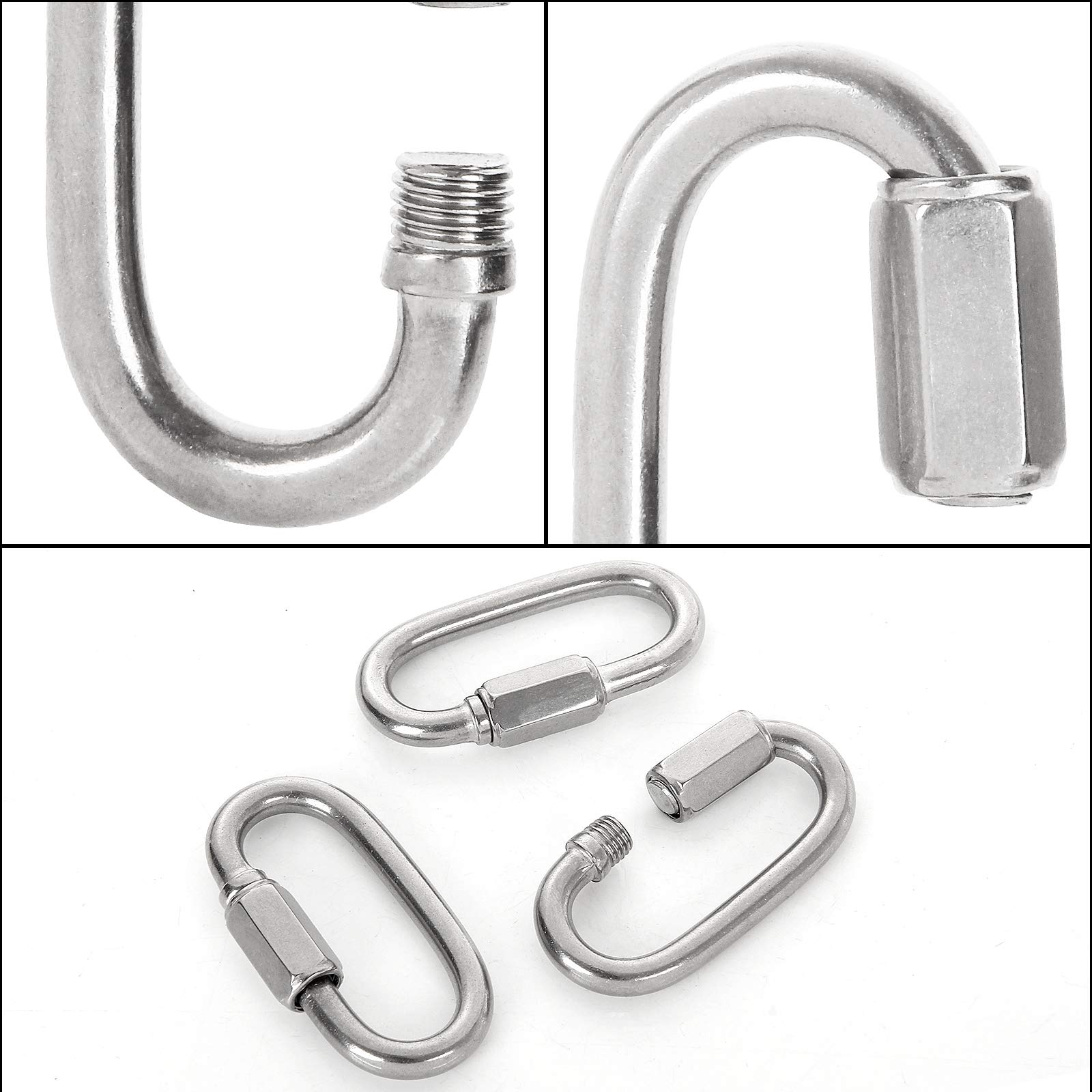 20 eslabones de cadena de acero inoxidable de 1/4 pulgadas, mosquetón ovalado M6 de eslabones rápidos, clip de cadena rápido roscado pequeño, conector de cuerda para camping, senderismo, columpio,