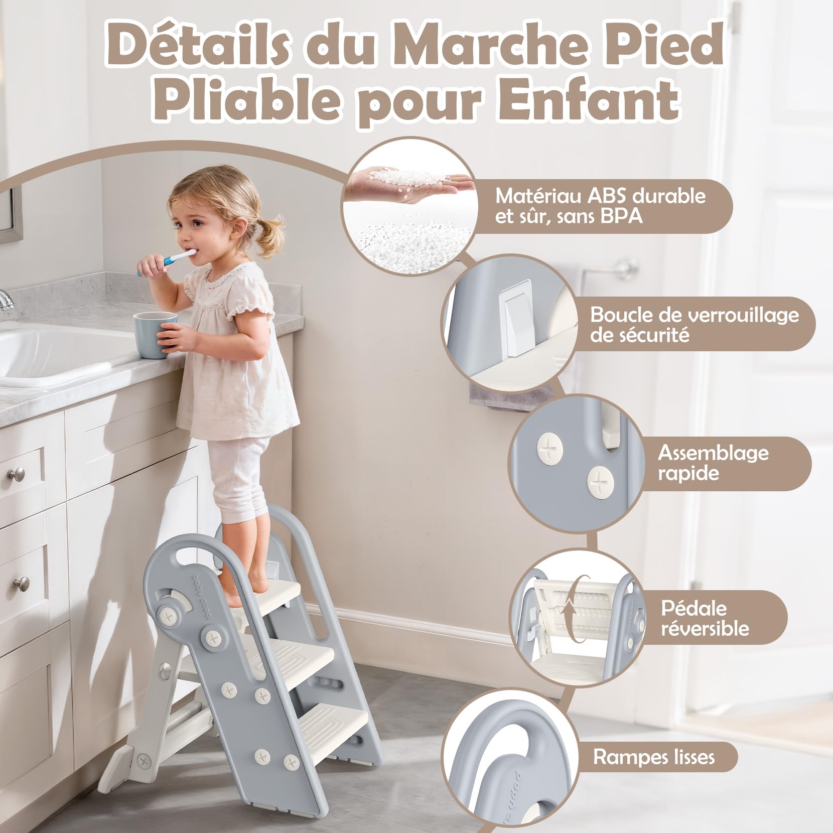 Onasti Marche Pied Enfant, Tabouret 3 Marches pour Bébé, Marche Pied à Hauteur réglable, Pliable, Multifonction et Antidérapant Parfait, pour Cusine, Salle de Bain,Chambre à Coucher (Gris)