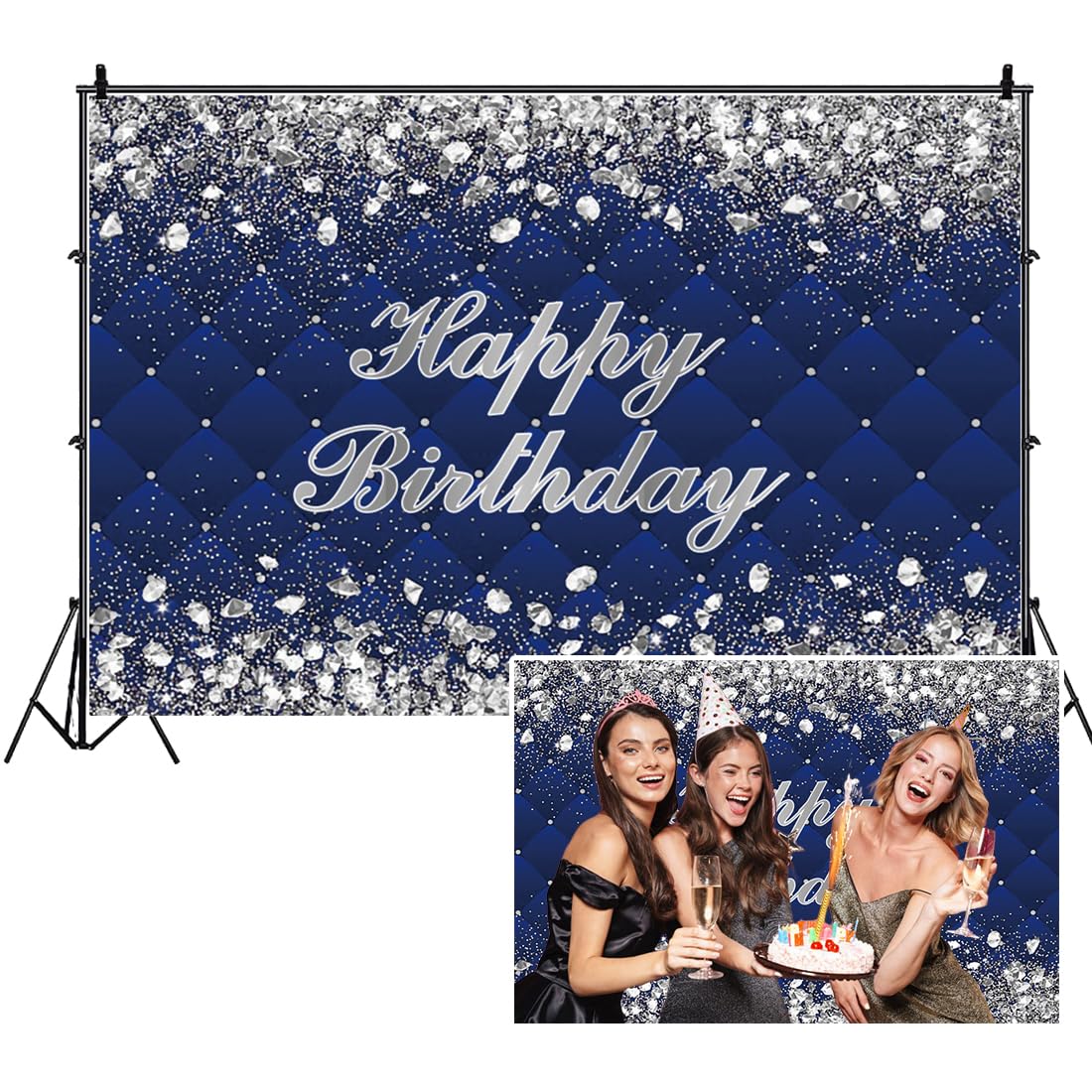 AOFOTO 10x8ft Navy Blue and Sliver Diamond Happy Birthday Backdrop Royal Blue Silver Sequin Pearl Checkered Birthday Party Decoration Banner