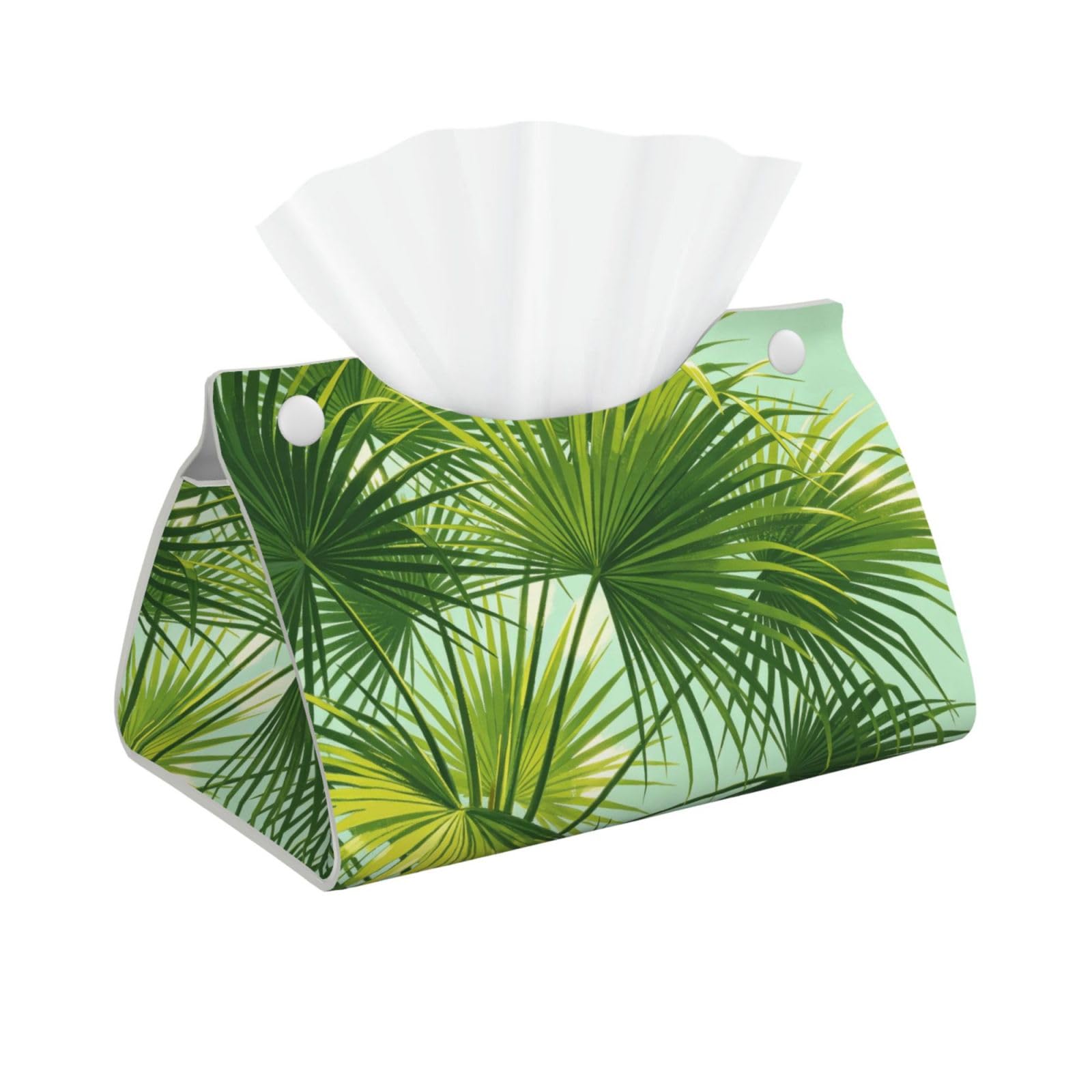 Green Palm Leaf Long Leather Tissue Box Cover-Waterproof PU Leather Tissue Holder for Bathroom, Decorative Rectangular Tissue Case