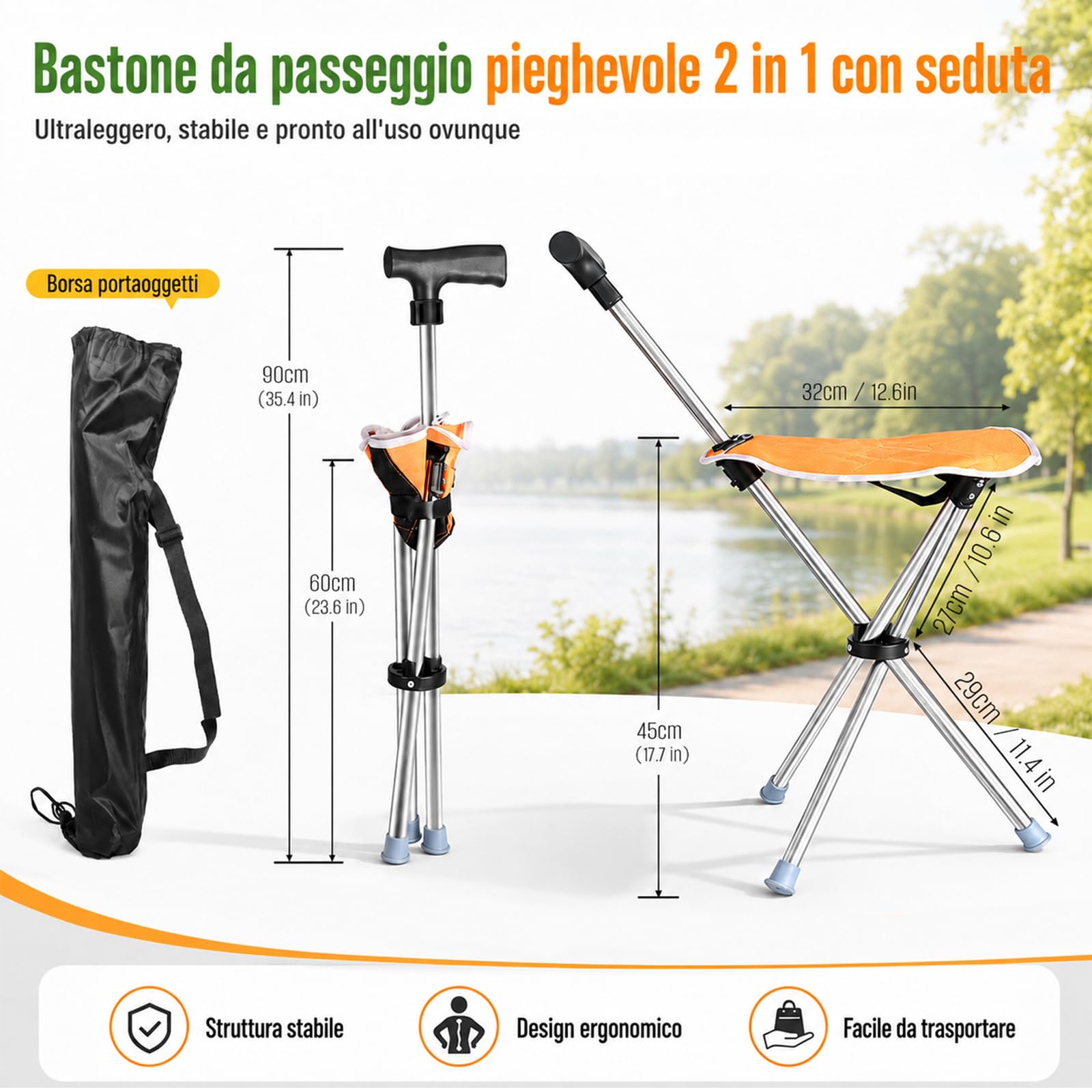 Bastone da passeggio triangolare con sedile, 2 in 1, pieghevole, leggero da 150 kg, per anziani e adulti, ideale per viaggi all'aperto, campeggio e alpinismo