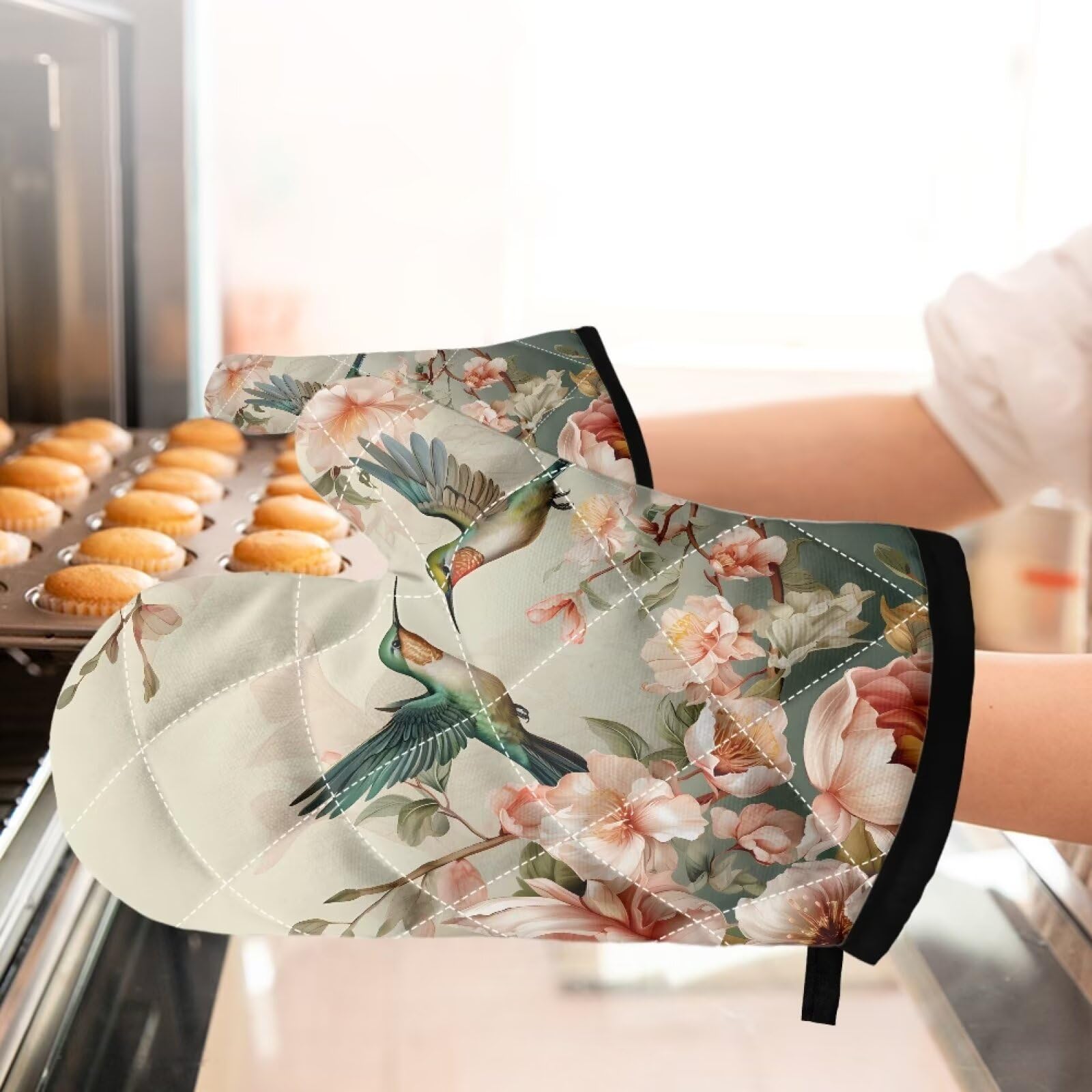 KEIAHUAN Flower Hummingbird Oven Mitts and Pot Holders 2 pcs, Kitchen Oven Glove High Heat Resistant 500°F Pot Holders, Machine Washable Polyester BBQ Gloves