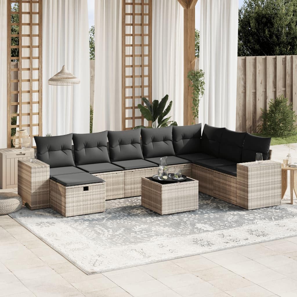 9-TLG Juego de sofá de jardín gris claro poli ratán juego de salón modular para exteriores con almohada, mesa de jardín de vidrio templado, para terraza, balcón, porche