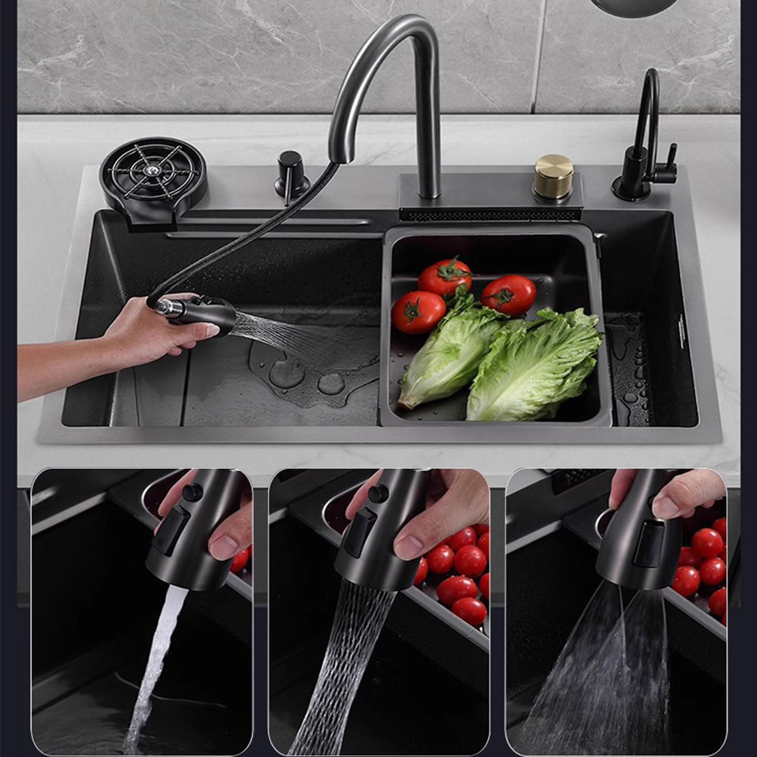 Inless - Fregadero de cocina de acero estilo granja, cuenco individual de cascada con grifo extraíble y accesorios y para el hogar moderno