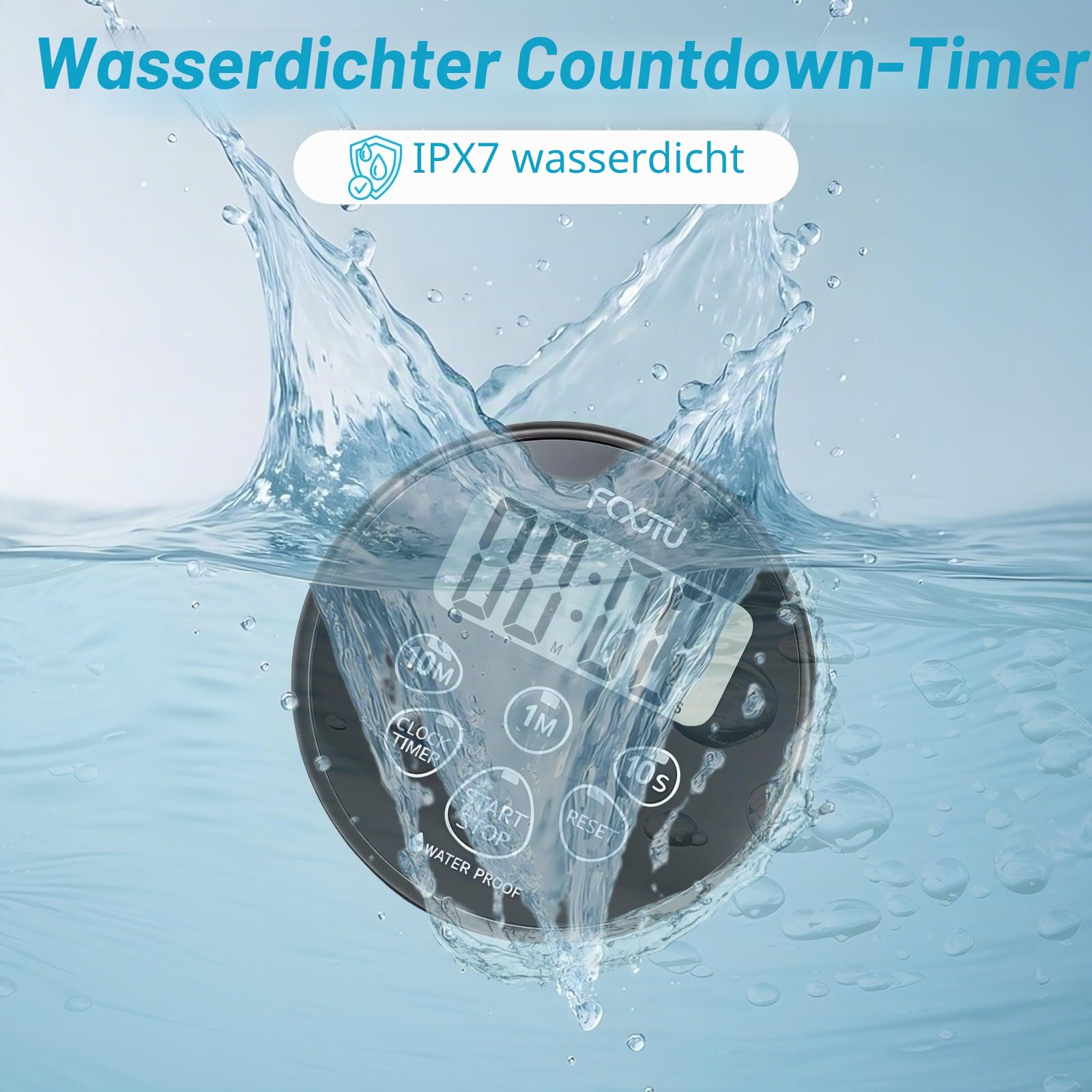 Digitaler wasserdichter Duschuhr-Timer, IPX7 Badezimmer-Dusche-Countdown-Timer, 12/24-Stunden-Uhr, einfache Einrichtung für Küchenpool mit Alarm, magnetischer Rückseite, Ständer, Dunkelschwarz