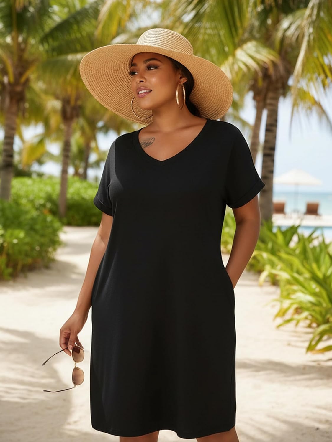 cailami Women's Summer V Neck Short Sleeve Midi Tshirt Dresses Casual Tunic Dress with Pockets - Image 3