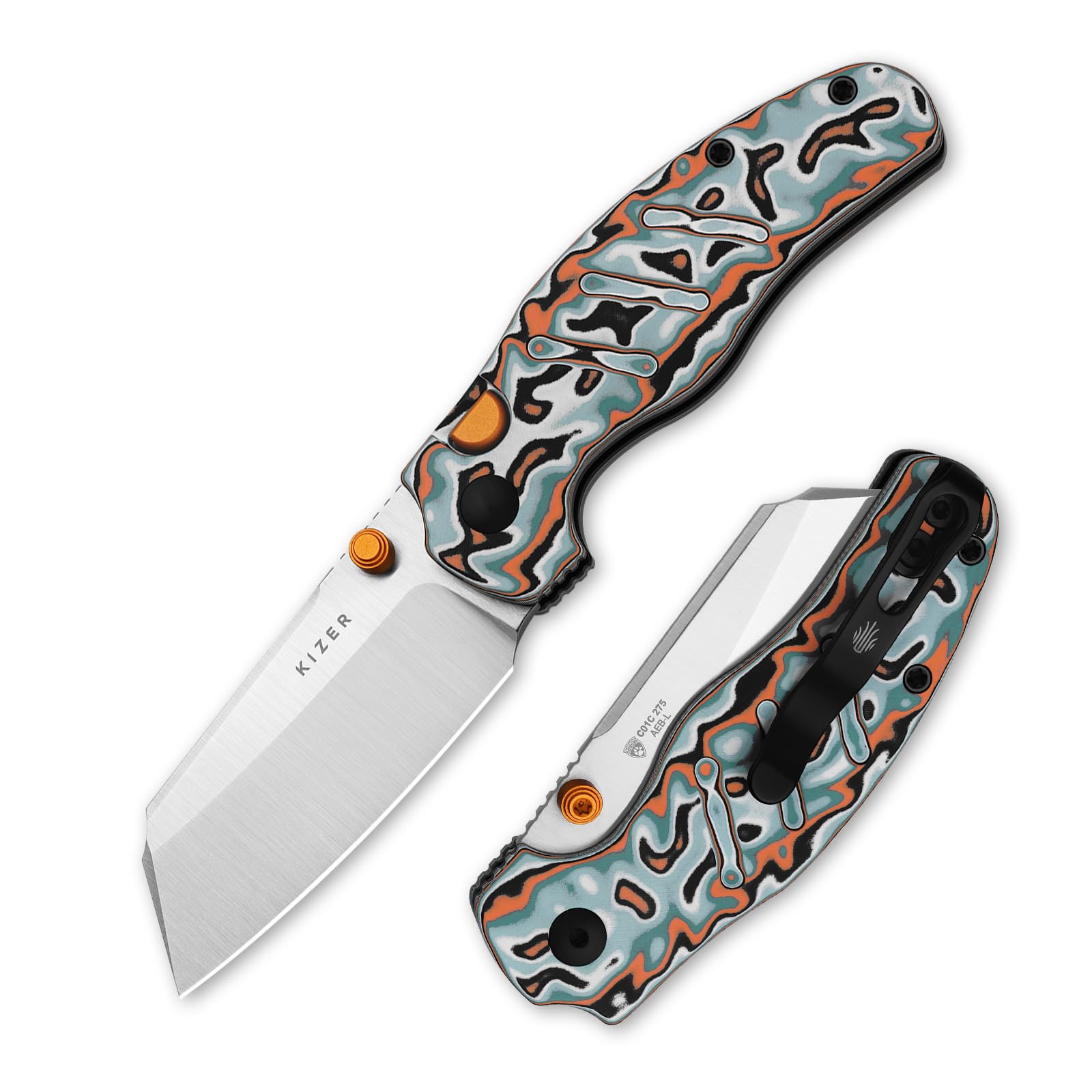 Kizer C01C 275 Sheepdog EDC Taschenmesser Klappmesser, V3488.27M2 | 7 cm AEB-L Klinge Campingmesser und Rot-grüner Micarta-Griff mit Wirbelmuster, Kleine Daumenknopf-Öffner Camping EDC-Messer