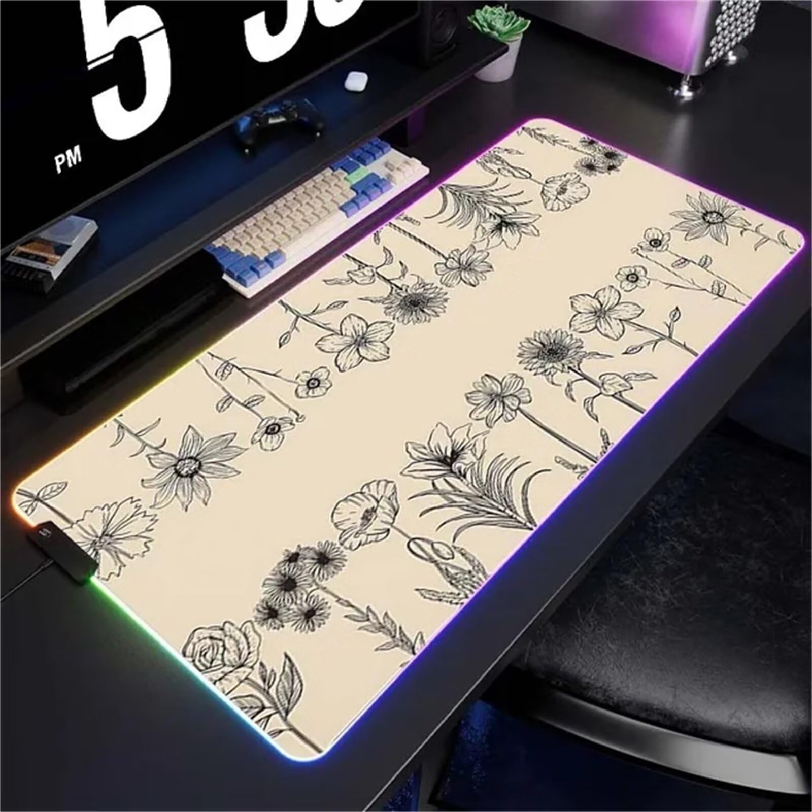 Tappetino per Mouse RGB Fiori Grigi Grande Tappetino per Mouse da Gioco LED con 14 Modalità di Illuminazione Tappetino Antiscivolo per Laptop Ufficio e Scrivania 900x400x4mm