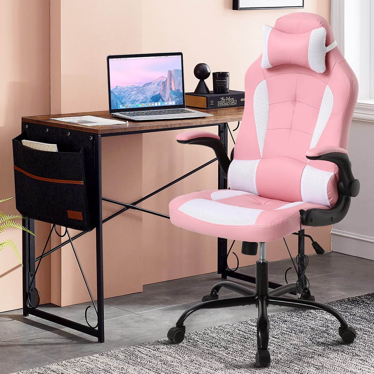 Gaming Chair PC Massage Computer Chair Ergonomic Executive Office Chair High Back PU Leather Racing Game Chairs Home Office Rolling Swivel Desk Chairs w/Lumbar Support Headrest Flip Up Arms,Pink