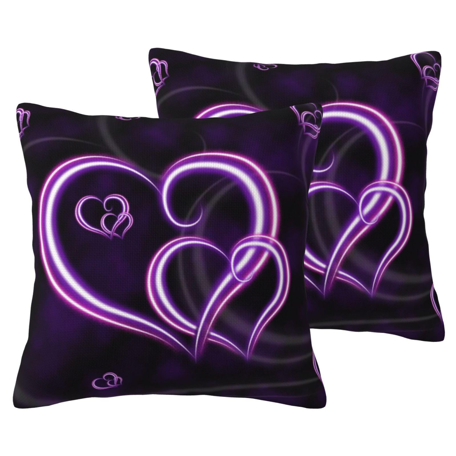 Taies d'oreiller en imitation lin anti-plis avec cœurs violets lot de 2