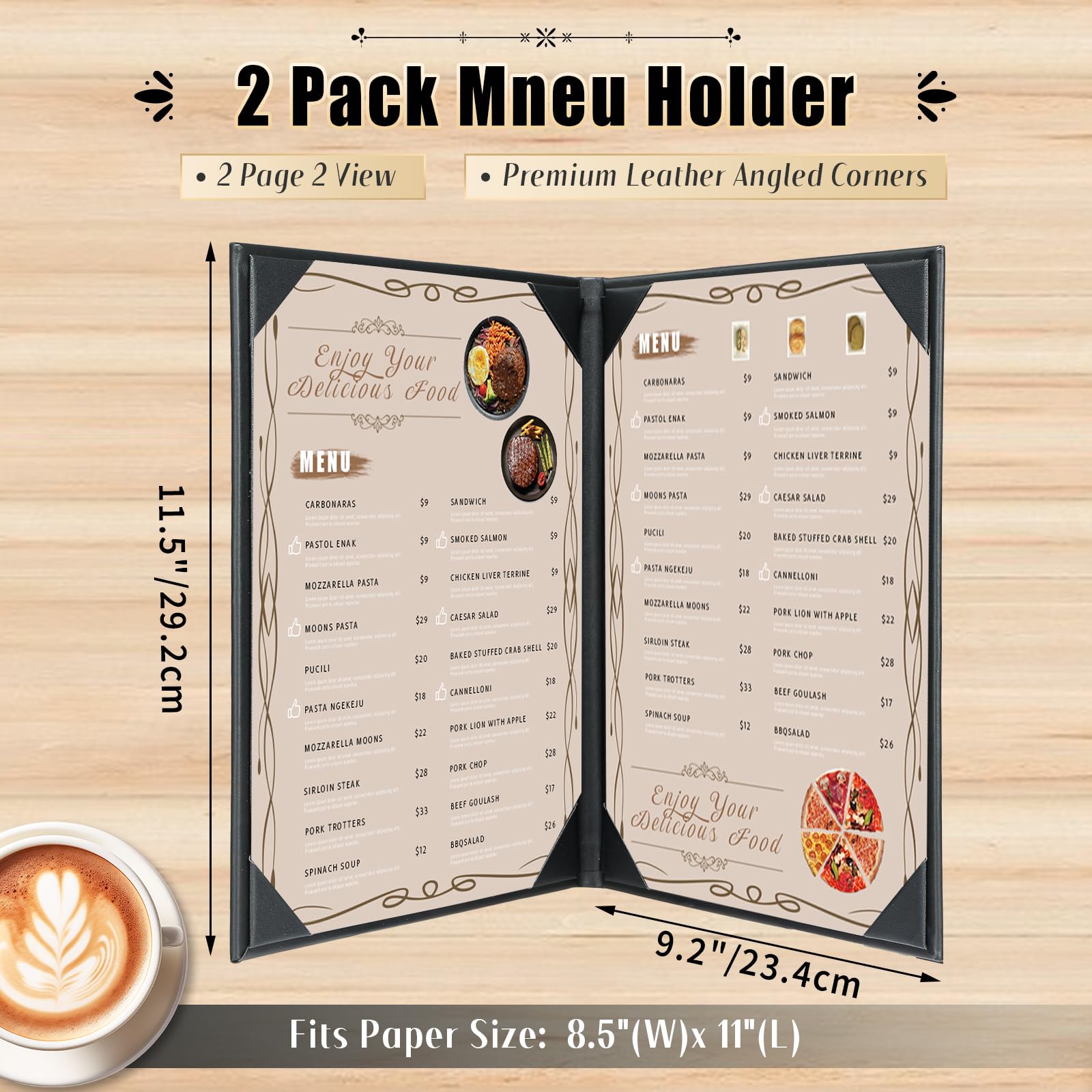 Coperture per menu da ristorante, 21,6 x 28 cm, in pelle, con angoli angolati, in pelle nera, per lista dei vini, bevande (21,6 x 27,9 cm, 2 viste/2 pezzi)