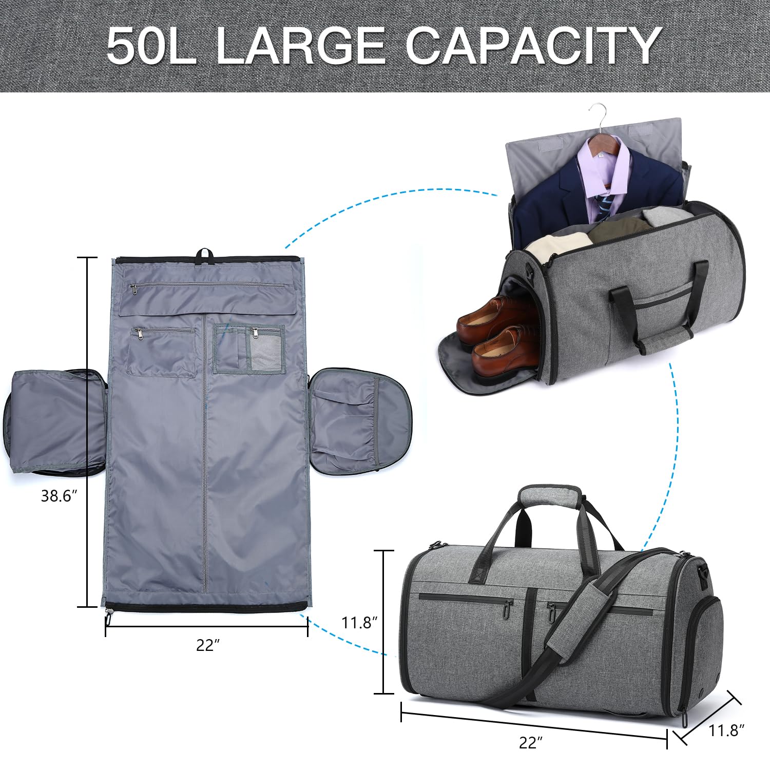 Laripwit Borsone porta abiti da viaggio, convertibile zaino per indumenti da uomo e donna, 3 in 1, con scomparto per scarpe, per il fine settimana e lavoro, 50 l, grigio