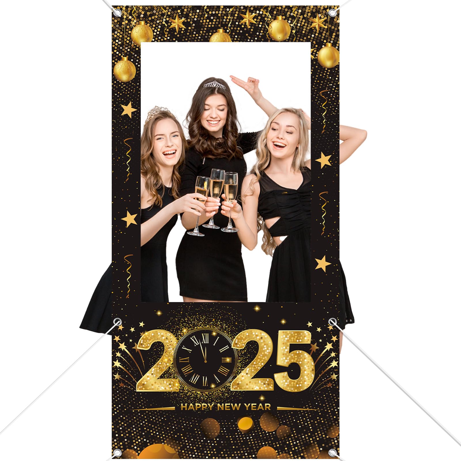 HOWAF Happy New Year Banner, 2025 Photo Frame Backdrop for Eve Party Decor, Black Gold Door Banner for NYE Photo Supplies