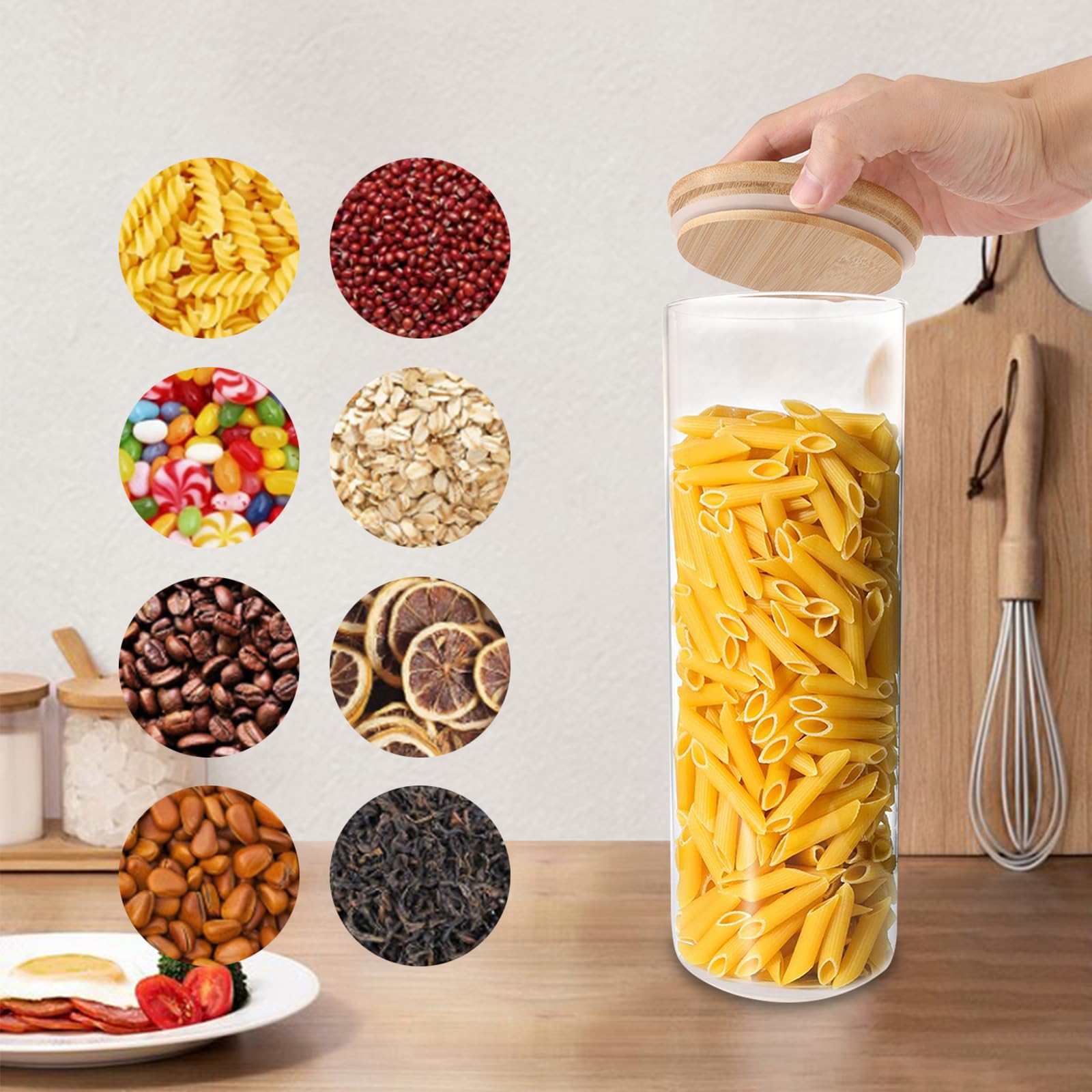 Set di 5 barattoli per alimenti in vetro con coperchio, 2100 ml, 10 cm x 10 cm x 30 cm, stile naturale minimalista, barattolo per spaghetti, pasta, cereali