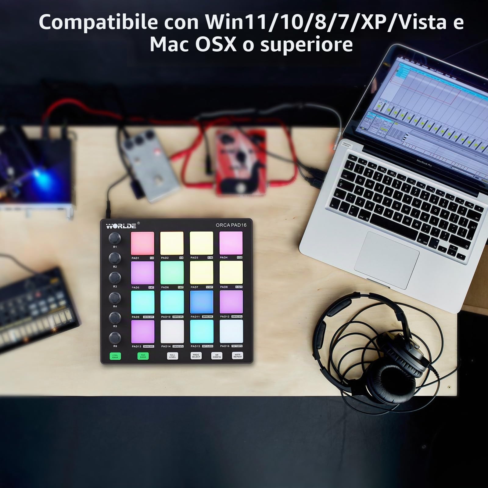 HUIOP Controller MIDI Beat Maker Machine 6 manopole assegnabili Ripetizione delle note Pulsanti a livello completo e software di produzione Mini controller MIDI portatile Pad USB per produzione,Contro