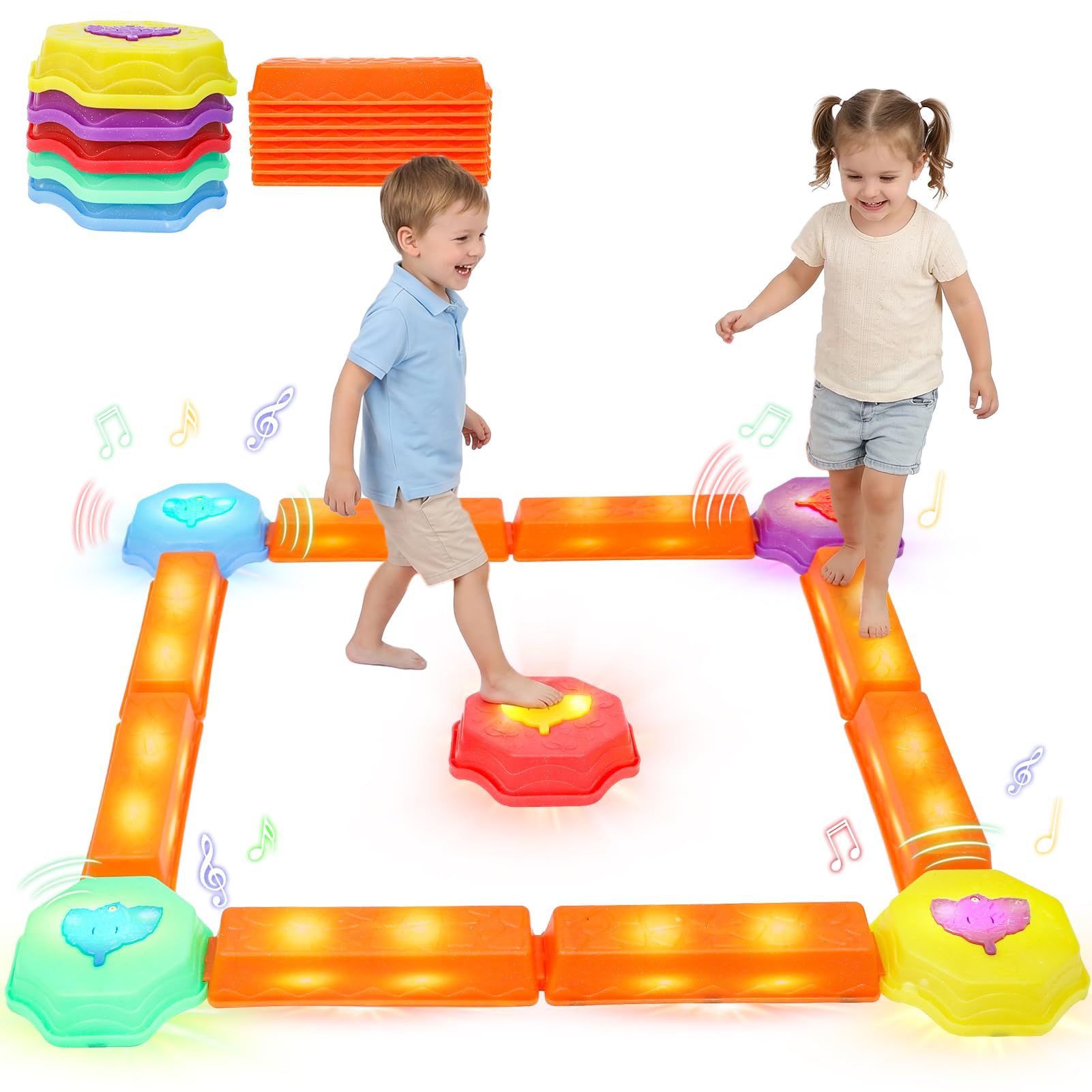 13 PCS Light Up Music Stepping Stones & Balance Beam for Kids, Garden Toys for Toddlers Ages 3-5, Outdoor Play Equipment Game, Autism-Friendly Sensory Toys, Gifts for Boys Girls