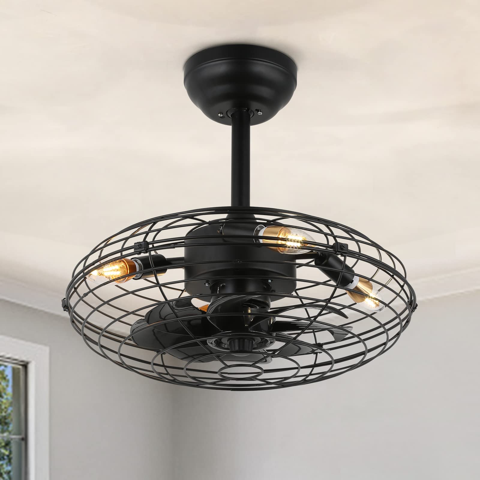 MOOONICHE Caged Ceiling Fan with Lights and Remote Control, 17.8 Inch