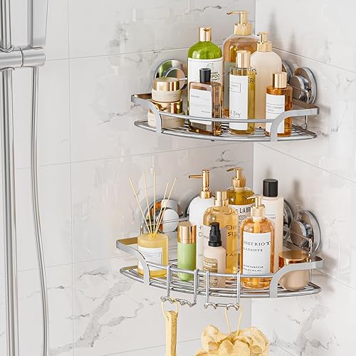 Miniatura 11 de LEVERLOC Paquete de 2 organizadores de ducha con ventosa adaptables a las esquinas, cesta montada en la pared sin taladros, estante de ducha