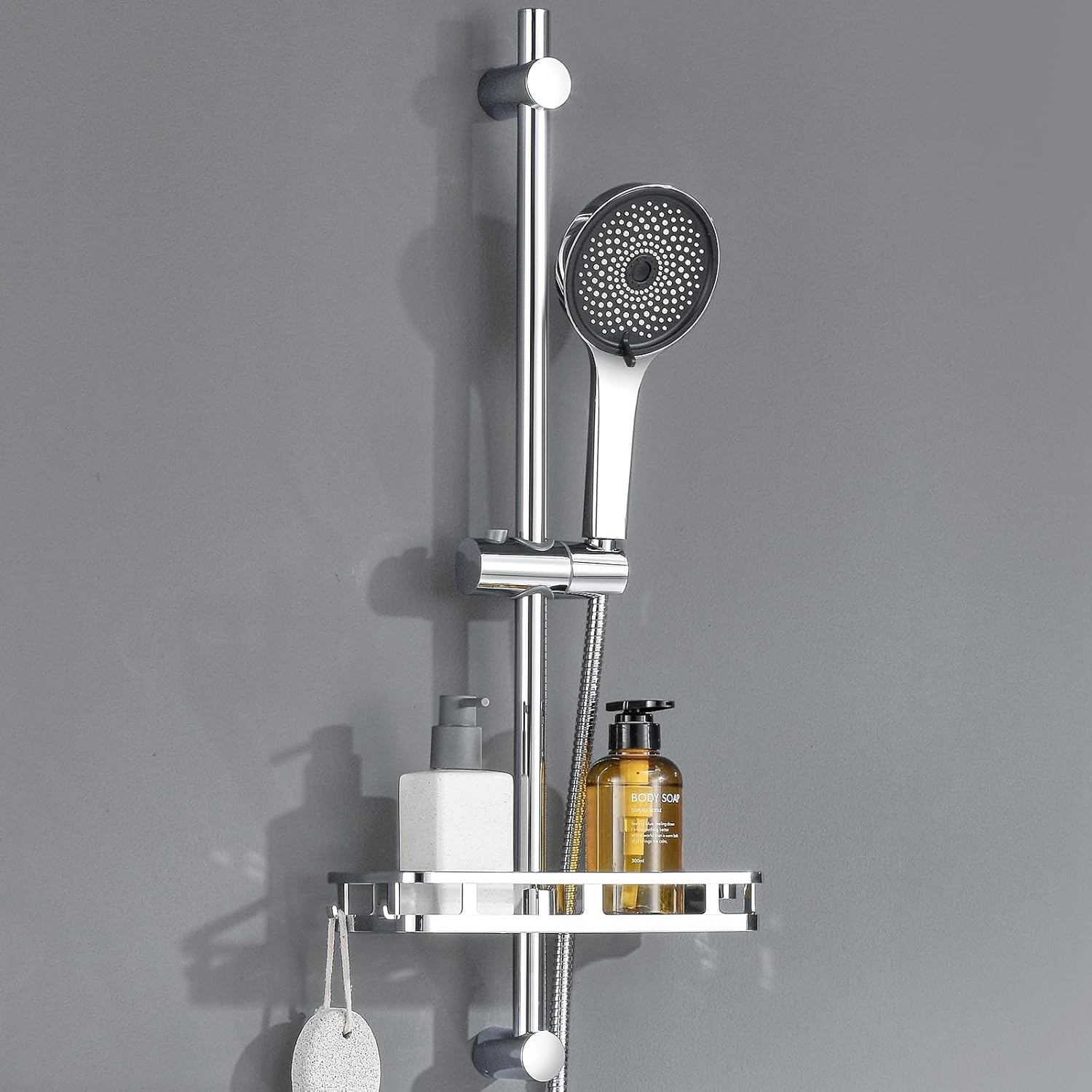 Auralum 70cm Shower Riser Rail with Soap Dish and 5-Mode Handheld Shower Head - 360°Adjustable Shower Head Holder - Anti-Corrosion Premium Stainless Steel for Bathroom, Chrome