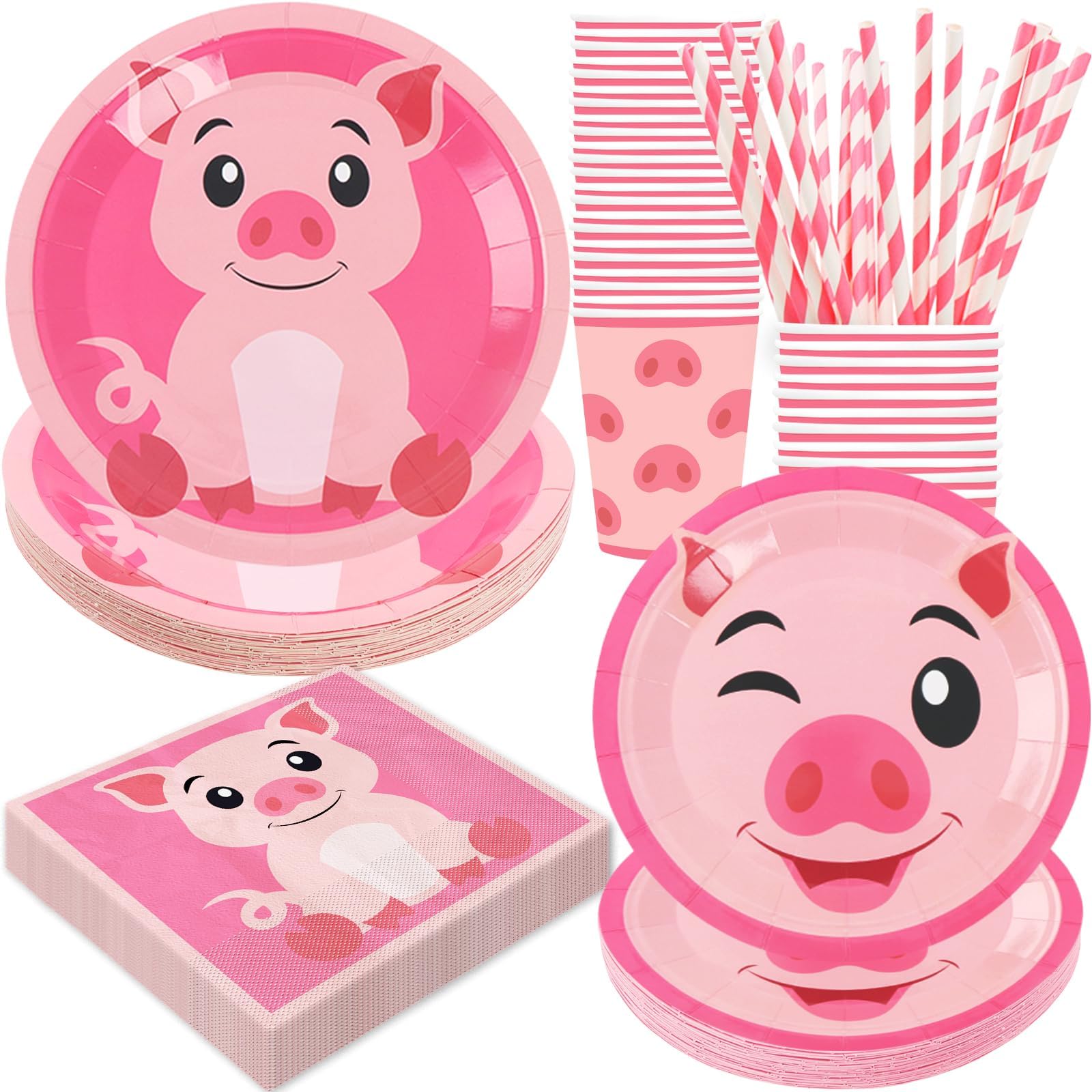 Pig Birthday Party Decorations, 120Pcs Pig Themed Party Supplies Disposable Adorable Tableware Includes Paper Plates, Napkins, Cups and Straws | Serves 24
