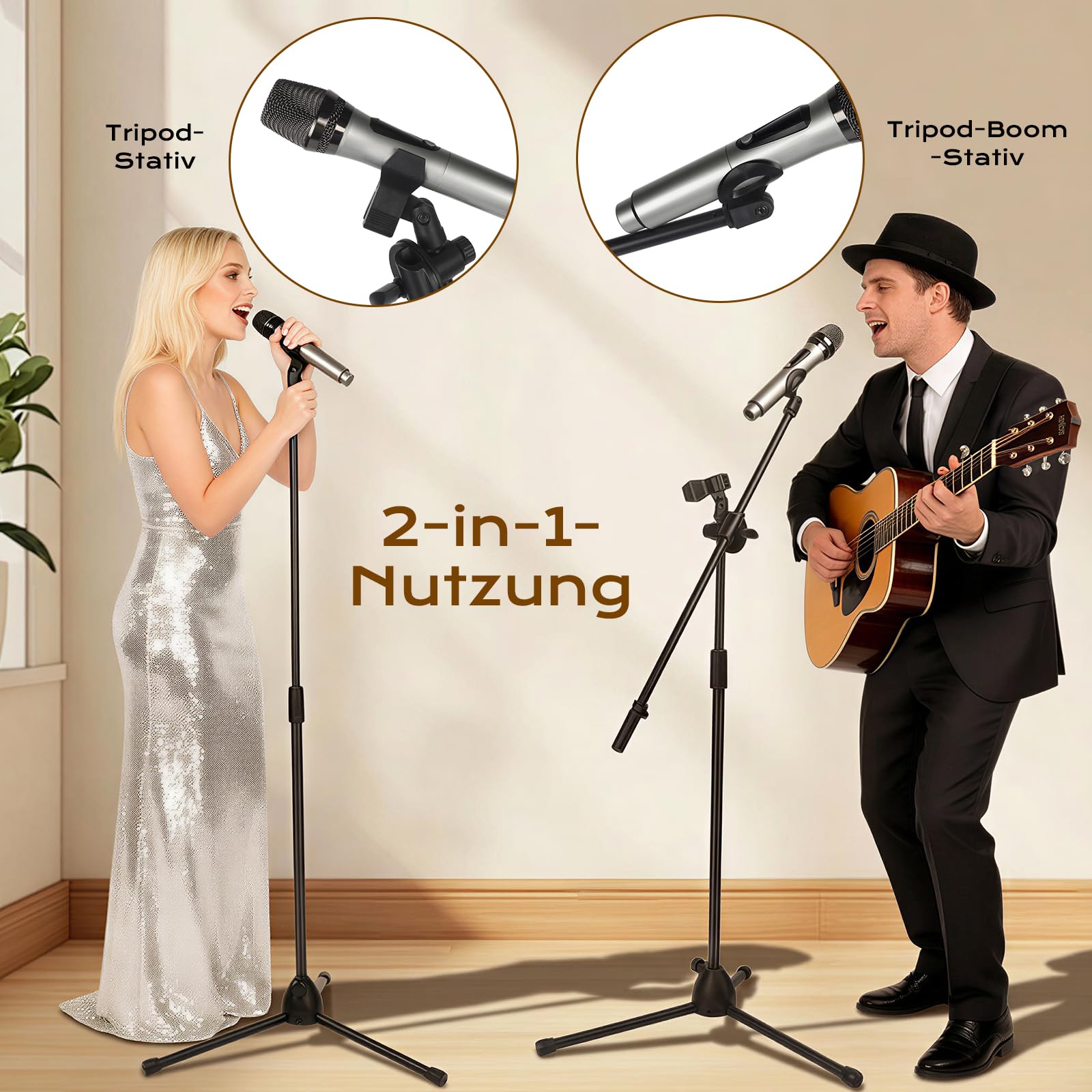 Doppeltes Mikrofonständer Einstellbare 80-180cm Mikrofonstativ Mikrofon Ständer mit 2 Mikrofonklemmen Einen mit Schwenkarmen Tragbar & Faltbar Stabilen Stand für Singen Studio Rundfunk (80-180cm)
