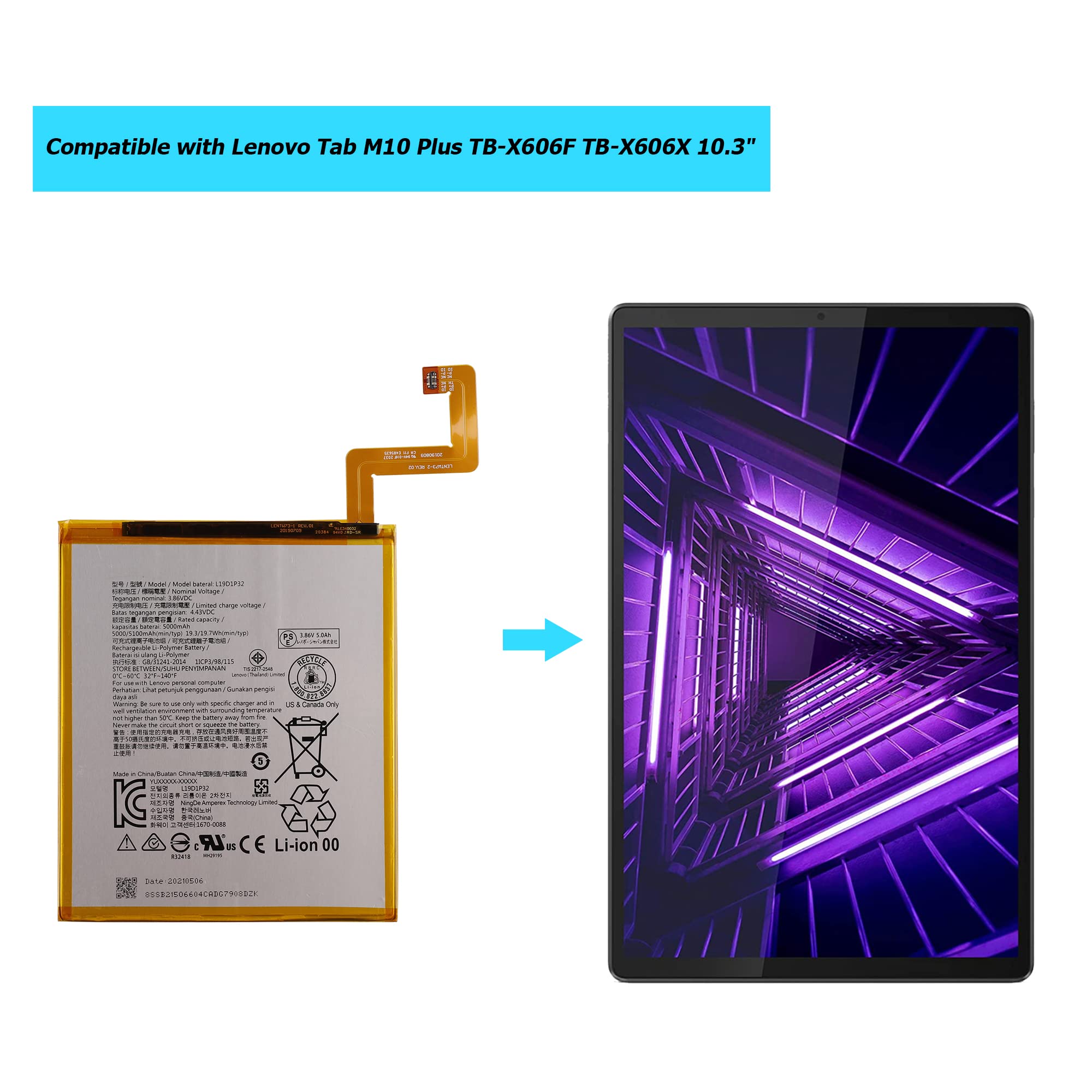 Batteria L19D1P32 per Lenovo Tab M10 Plus TB-X606F TB-X606X 10.3" con toolkit