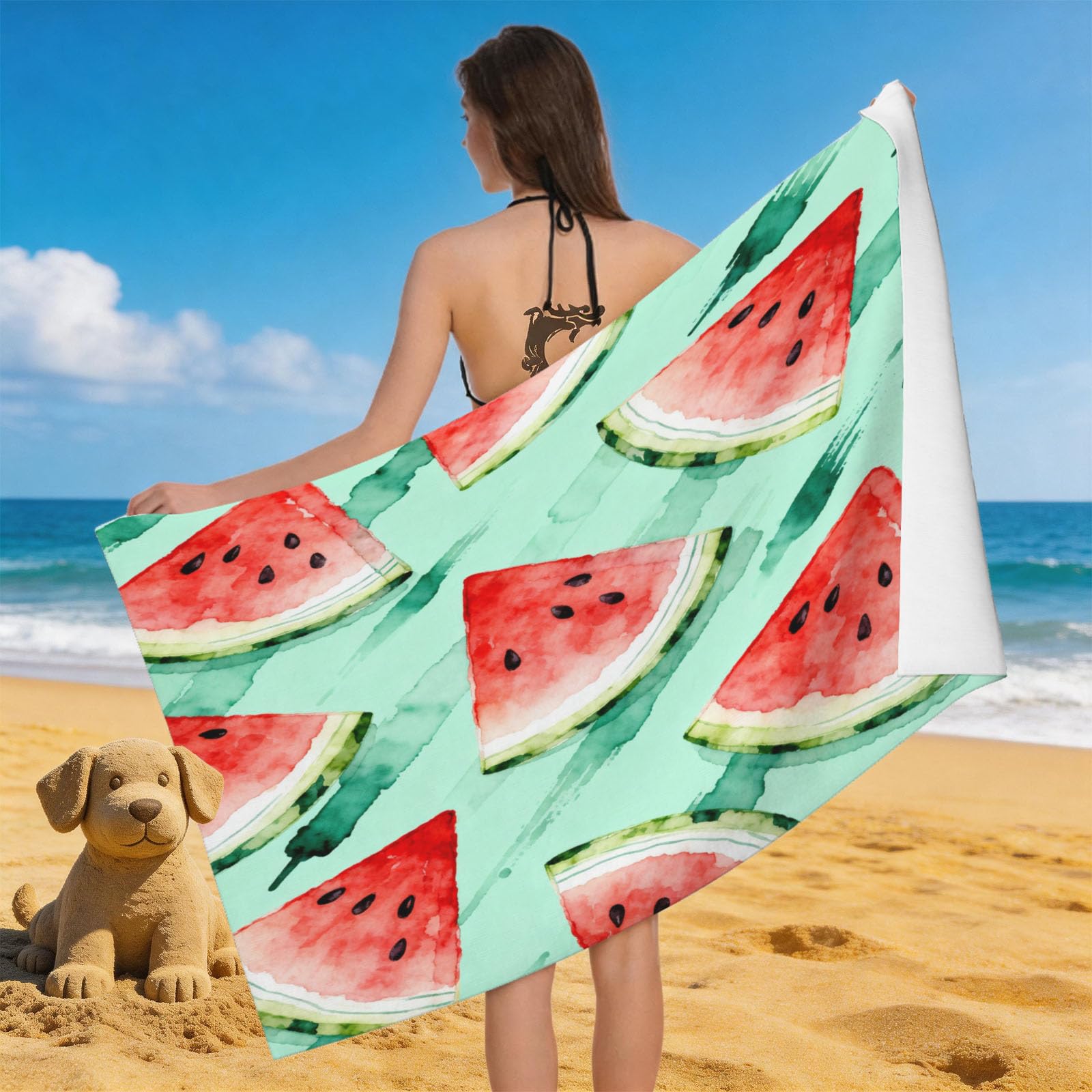 Leichong Men's Green 3D Watermelon Beach Towel Microfiber Soft Quick Dry For Adults, Fruit Bath Towel Lightweight Soft Absorbent For Travel Swimming Pool Sports, 75 X 150 Cm