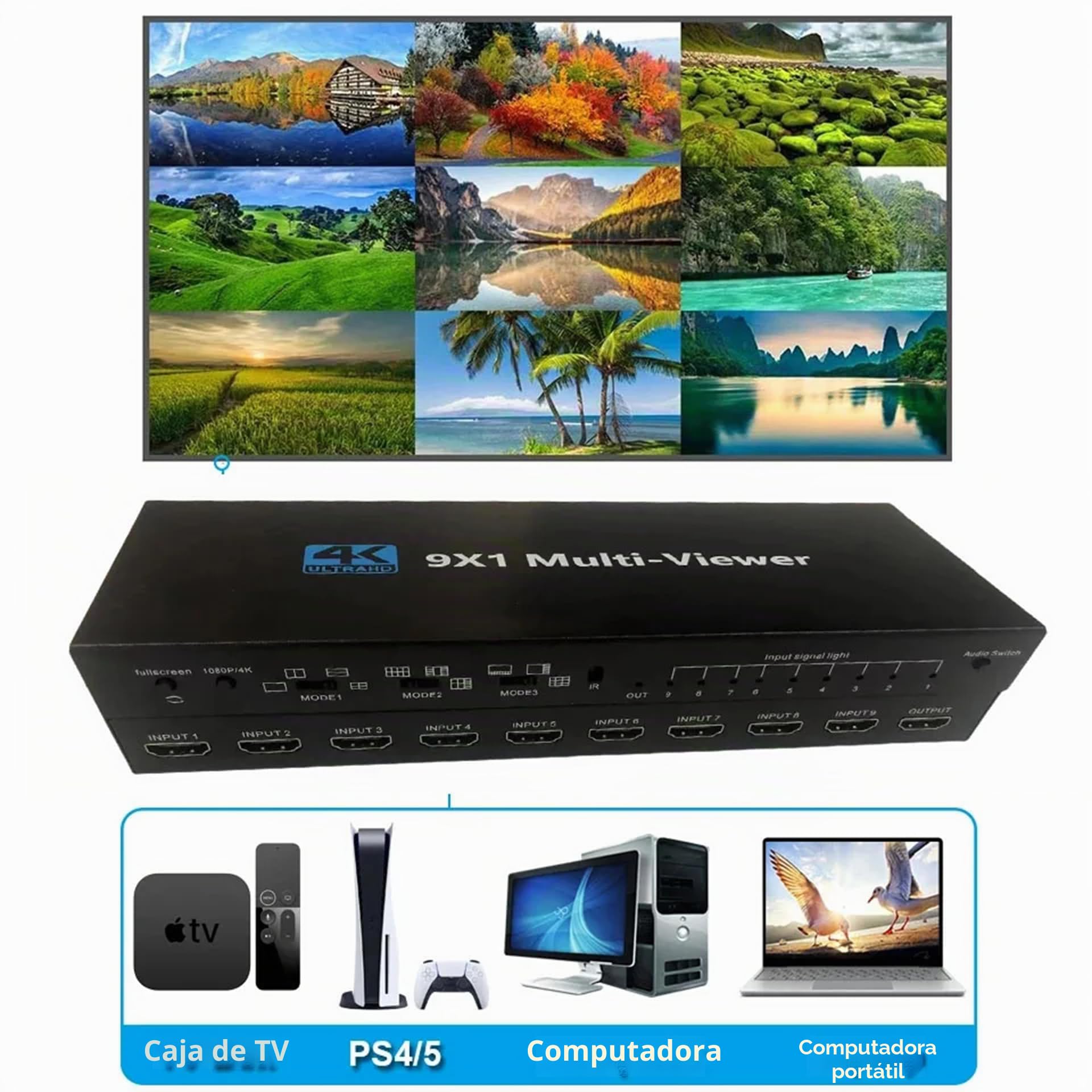 9x1 HDMI Multi-Viewer Conmutador Sin Costuras 4K HDMI 9 Pantalla Tiempo Real Multivisor Divisor Pantalla 9 Un 1 Apagado Adaptador 1x9