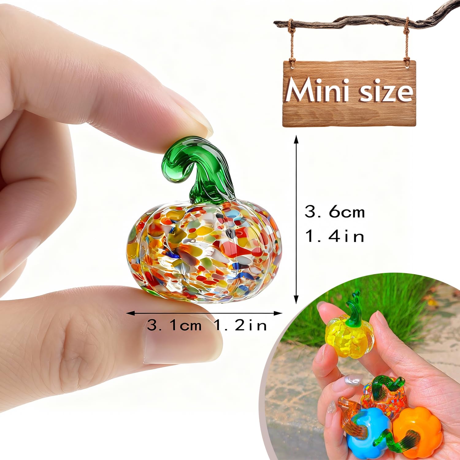 4 Stück Kürbisfiguren aus mundgeblasenem Glas, Mini Halloween Kristall Kürbis Kunstornamente für Familien Thanksgiving