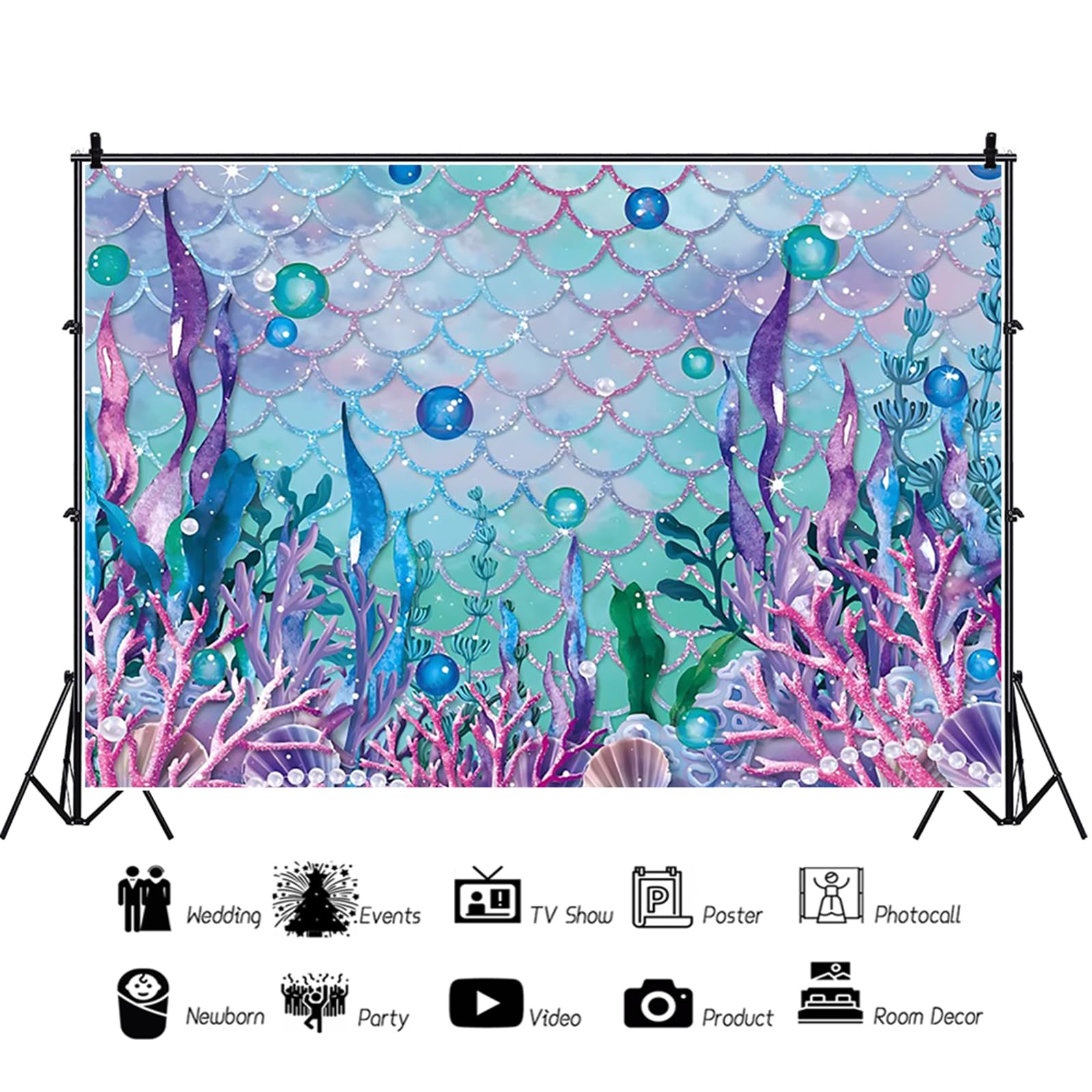 Sfondo Fotografico Per Compleanno Sirena 2,2x1,5 M, Vinile Senza Pieghe, Tema Subacqueo Viola E Turchese Per Feste E Studio - 2