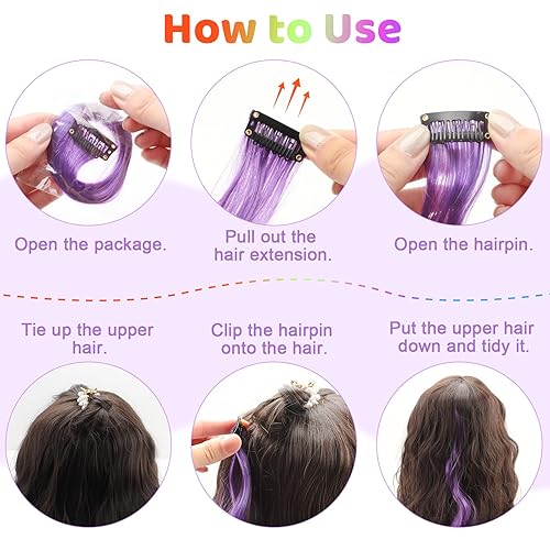 Miniatura 5 de Olldag 12 extensiones de cabello de colores para niños, rizado, ondulado, sintético, postizo con clip en arco iris neón y reflejos, accesorios de