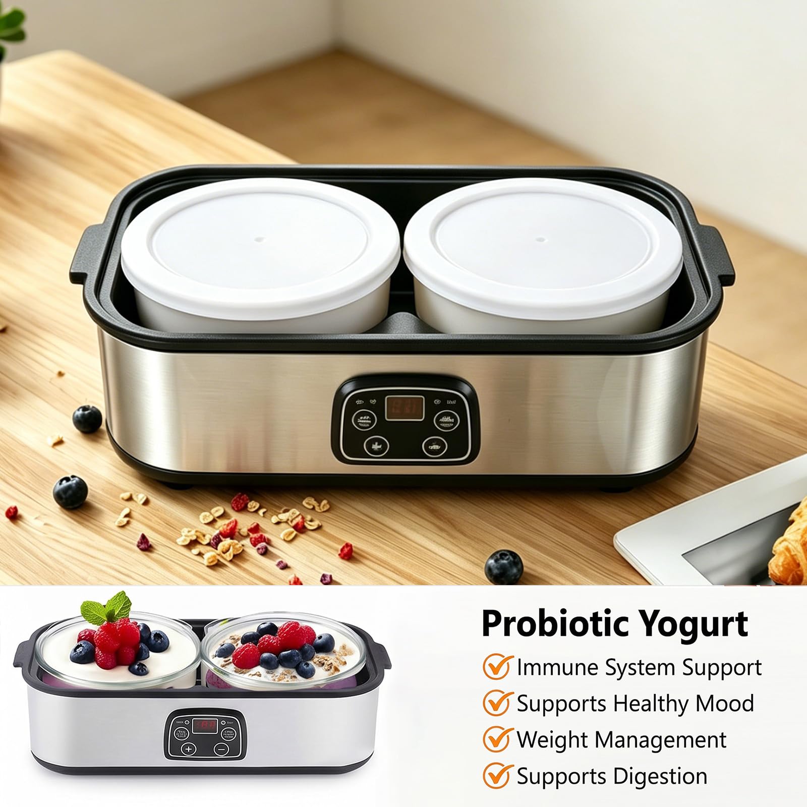 Macchina automatica per yogurt, 2 l, digitale, con 2 bicchieri, marmellata, gelato e budino, yogurt, per yogurt greco, formaggio, natto, vino di riso