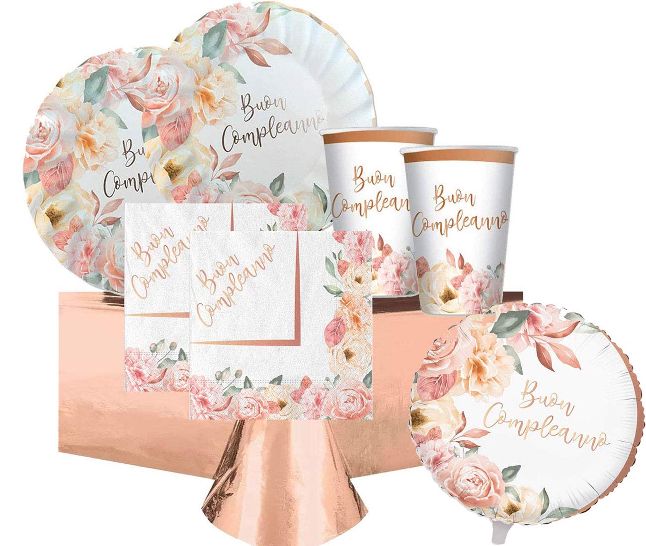 Kit n.10 Accessori Tavola in Carta Buon Compleanno Rose Gold con bellissime Decorazioni Floreali Rose boccioli di Rosa e Fiori Set Chic + Palloncino Foil