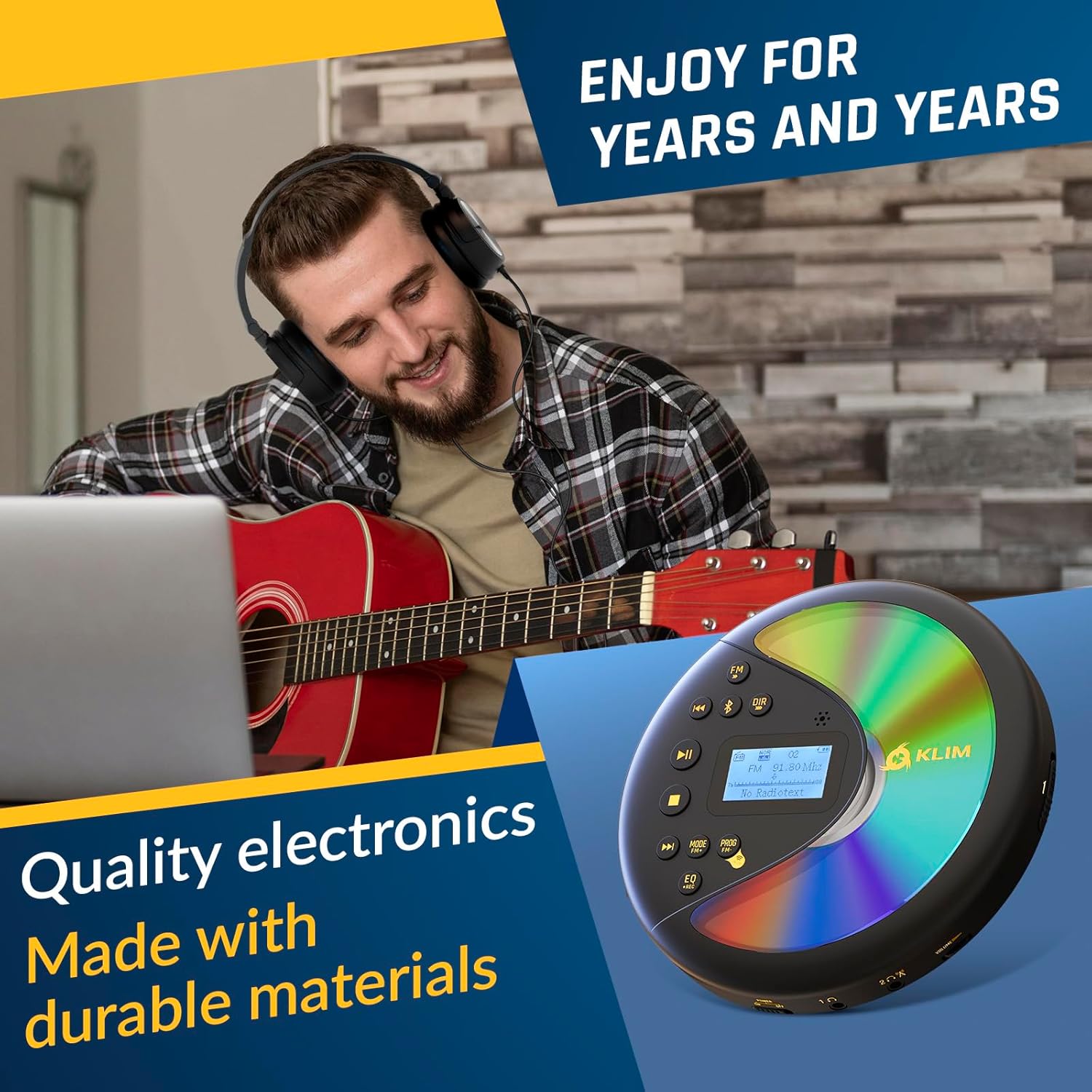 KLIM Discover with Headphones - Portable CD Player with Long-Lasting Battery - New - Radio FM - Compatible MP3 CD Player Portable - SD Card, FM Transmitter, Bluetooth - Ideal for Cars - Black/Gold