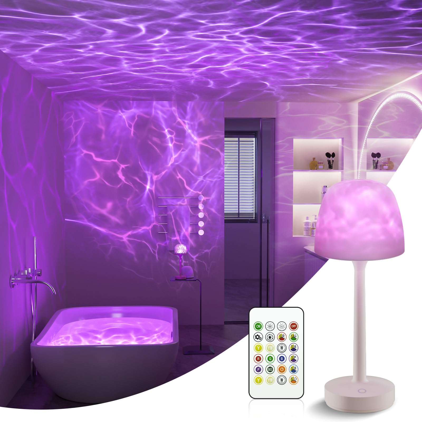 Rechargeable Shower Lamp Waterproof with Remote, Bathroom Cordless Table Lamp with 16 Color Dimmable, Ocean Wave Shower Light, 3600mAh Touch Desk Light for Bath Tub Relaxing, Kitchen, Camping, Patio