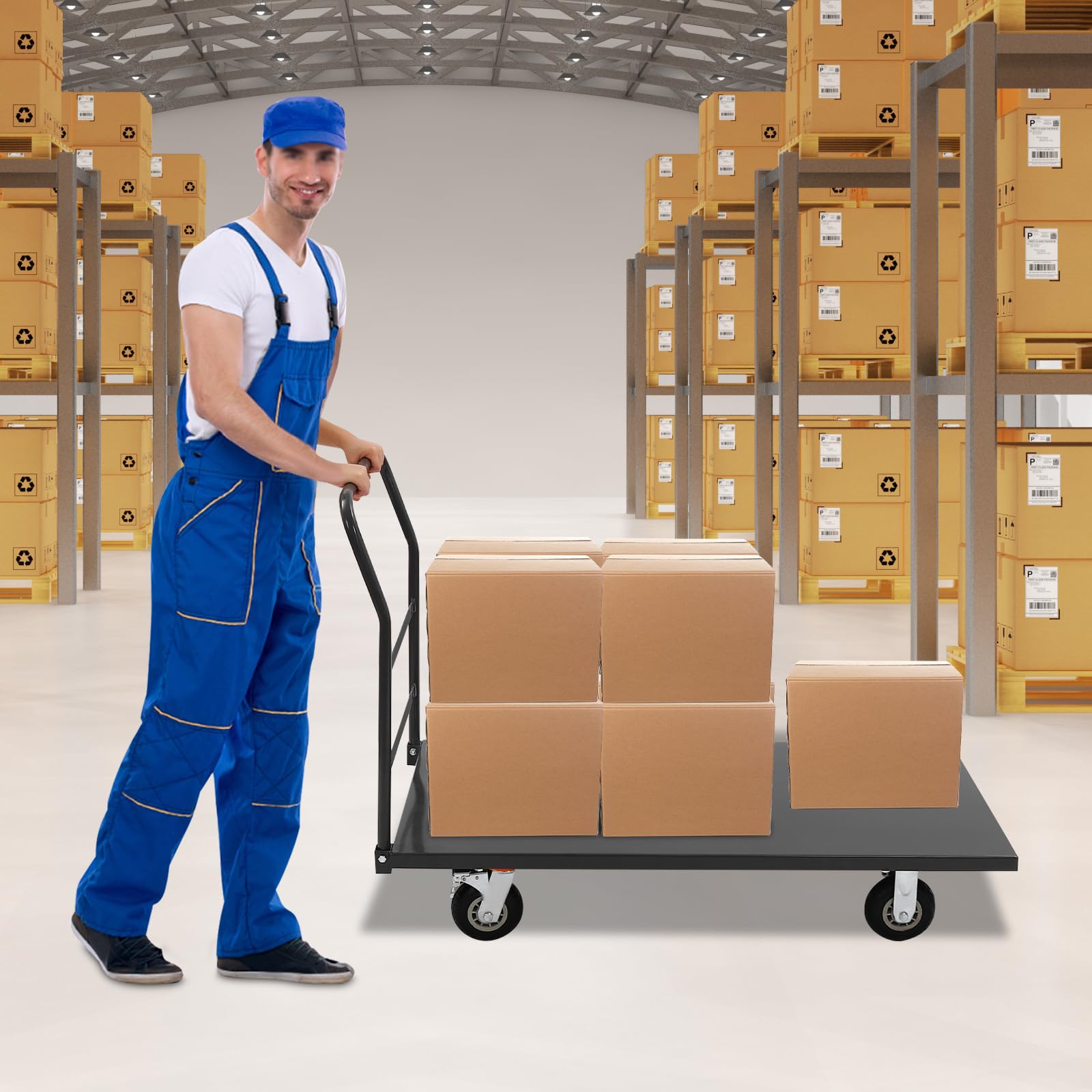 Industrial Push Cart Dolly, 2000 lbs Capacity Flat Dolly Cart, Flatbed Hand Truck with Detachable Handle, Silent Rubber Casters, Brakes and Slope Pads, Easy to Assemble and Operation