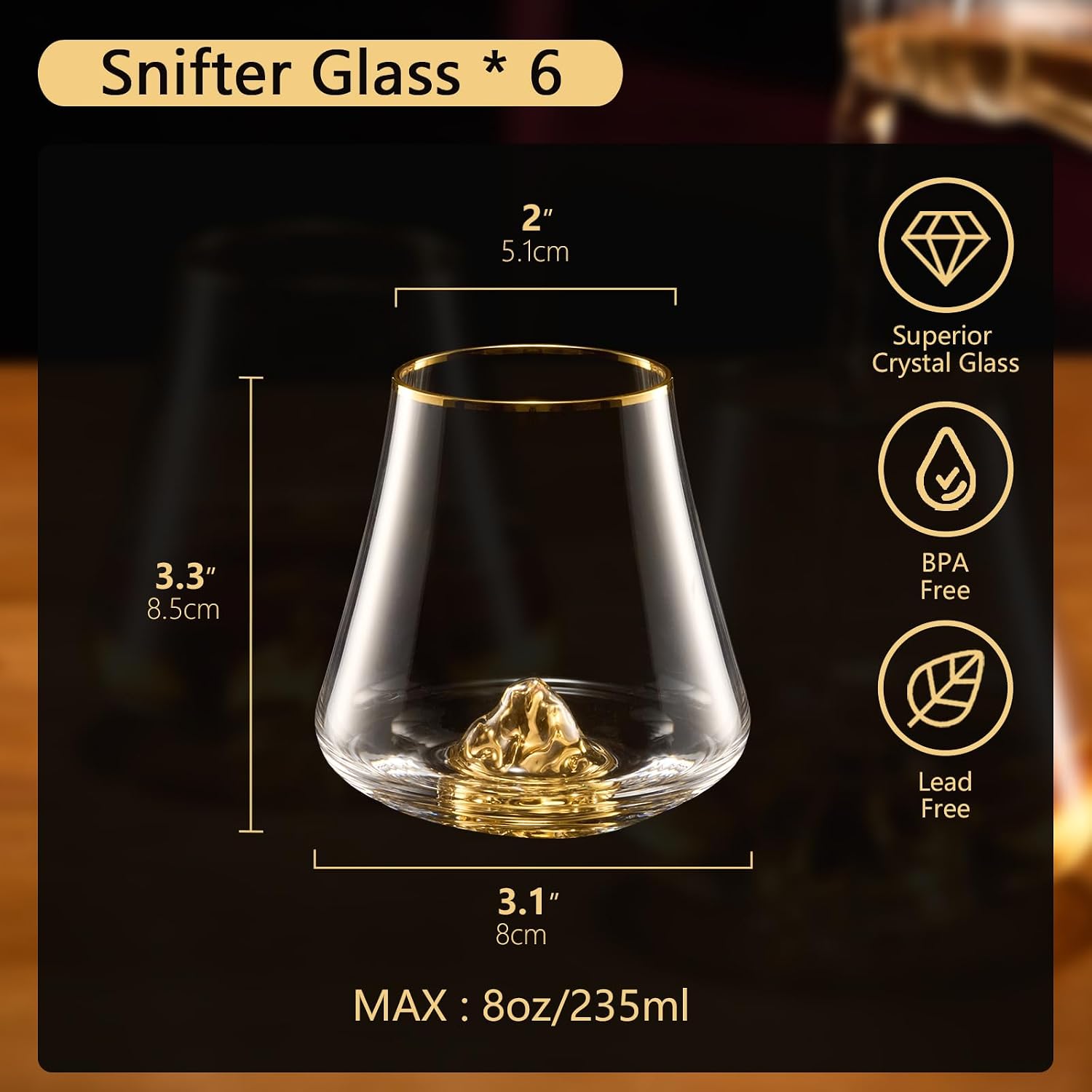 DUJUST Whiskey Glasses Set of 6 (8oz/235ml) with 24K Gold Mountain, Crystal Whiskey Glasses, Old Fashioned Glass for Brandy/Cognac/Bourbon/Tequila, Luxury Gift for Holiday, BPA-Free & Lead-Free
