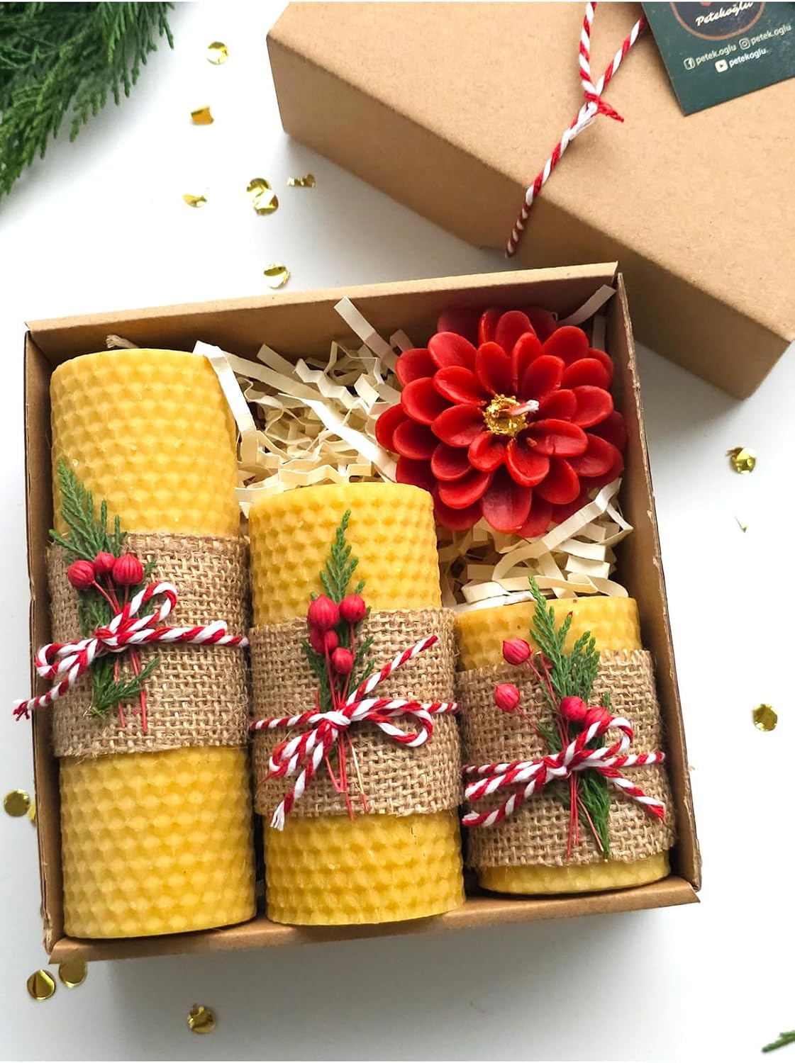 Beeswax Candle Christmas & New Year Gift Set, Handmade 3-Piece Decorative Boxed, Honey Scented - Yellow