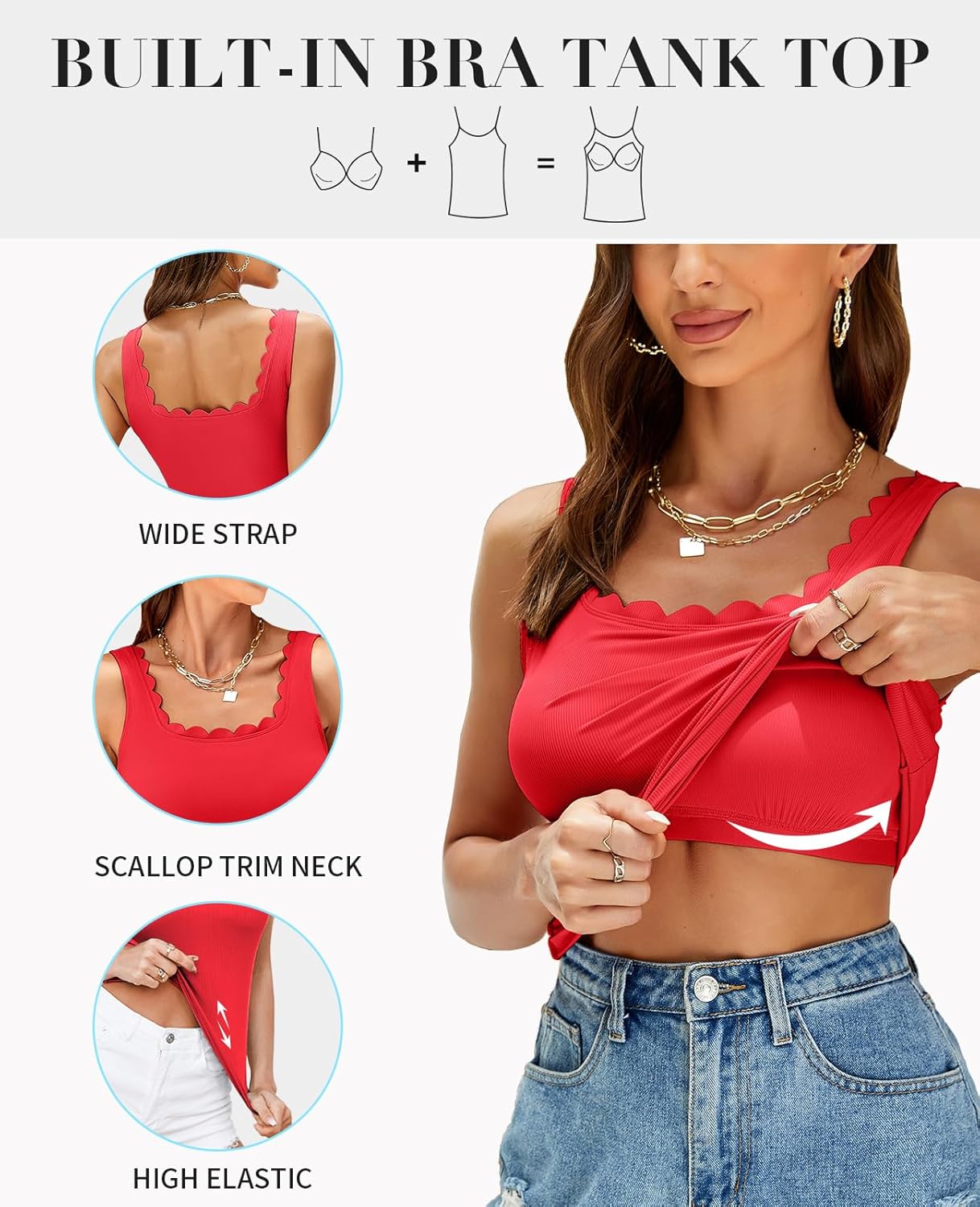 V FOR CITY Women Square Neck Tank Tops with Built in Bras Scallop Trim Fitted Camisole Ribbed Summer Top - Image 3