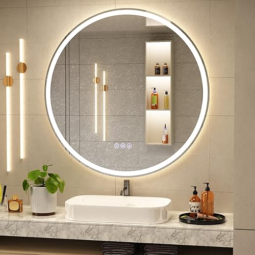 Miniatura 12 de BEAUTYPEAK Espejo de baño redondo LED de 30 x 30 pulgadas con luces, antiniebla, regulable, retroiluminado + iluminado frontal, espejo de tocador de