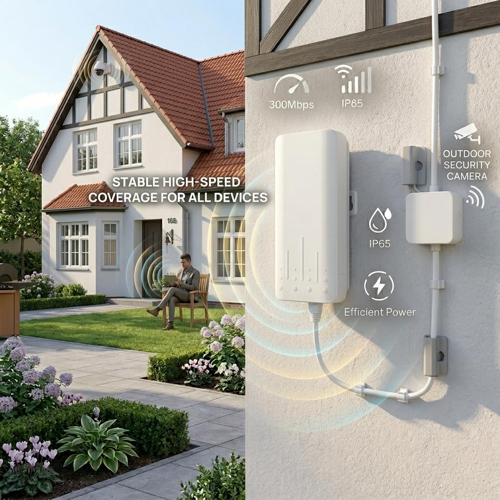 Outdoor WLAN Verstärker,Energiesparend (3W), Wetterfest IP65,300 Mbit/s WiFi Repeater 2,4 GHz,Für Garten, Terrasse, Hof