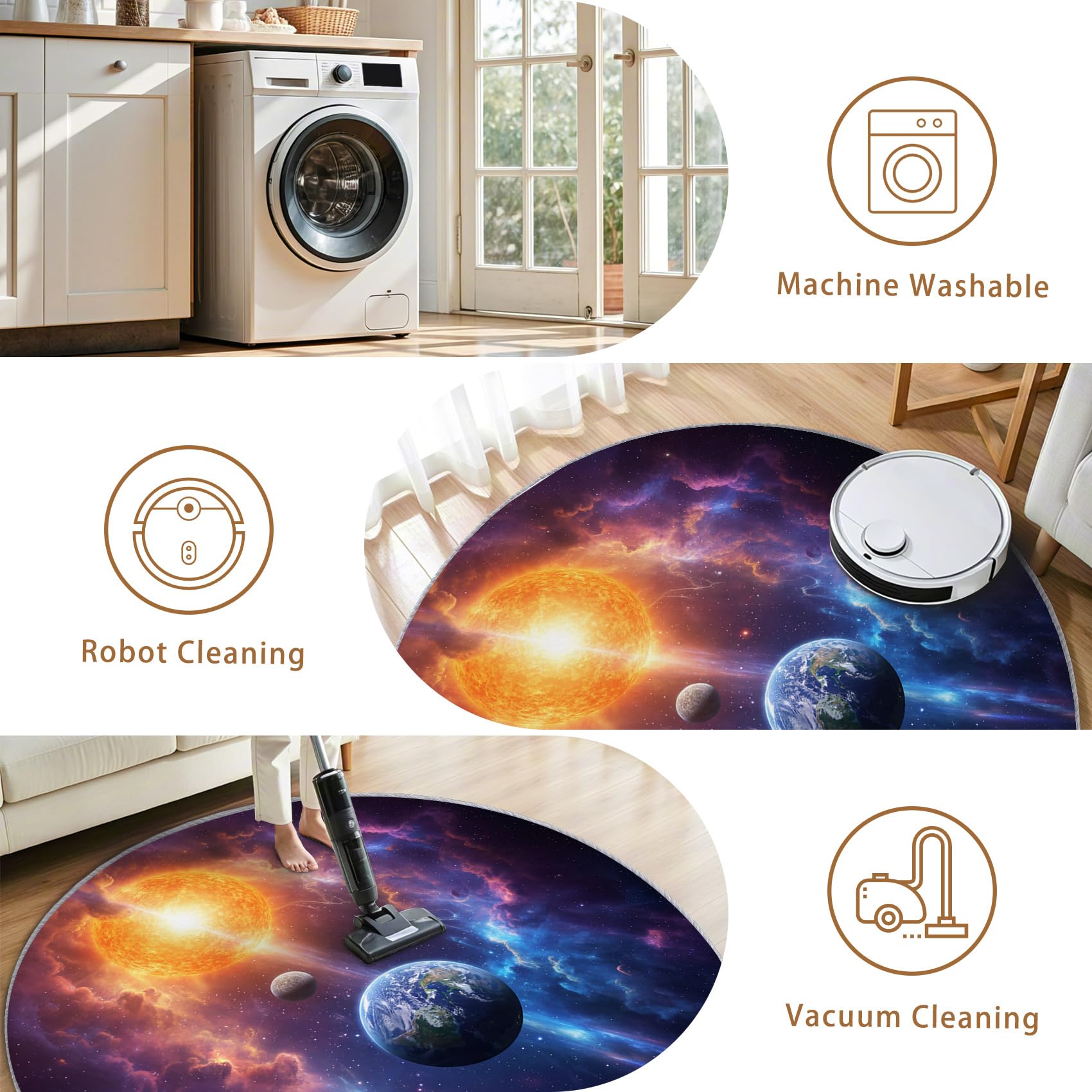 Sternenhimmel Teppich Rund 120cm Kurzflor - Waschbare Teppiche Wohnzimmer Kinder Planeten Galaxie Kosmos - Runder Teppich 120 Durchmesser Kinderzimmer - Schlafzimmer rutschfest Weich