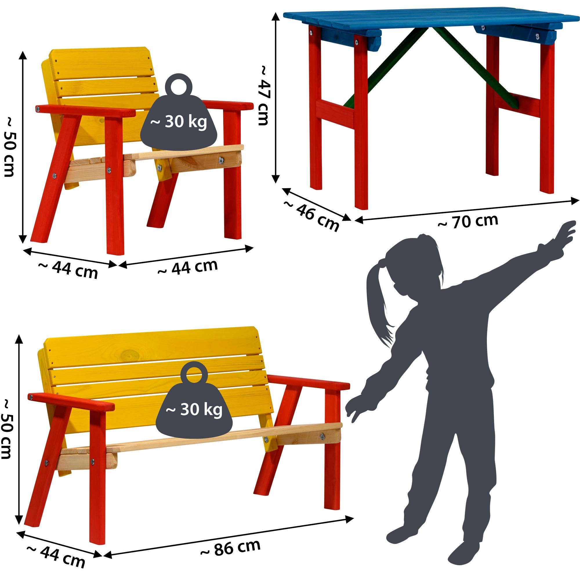 dobar® 94370FSC Kinder Outdoor Sitzgruppe 4 Plätze | 1 Bank, 2 Stühle, 1 Tisch | Picknickgarnitur für Kinder | Kindersitzgruppe Massivholz für Garten/Terrasse | Wetterfest Kindersitzgarnitur | Bunt, Mittel