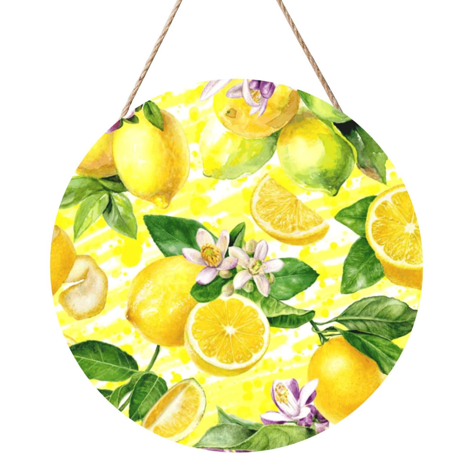 InOmak Lemon Flower, Round Wood Panel Painting 12 in, Wall Hanging Painting For Home