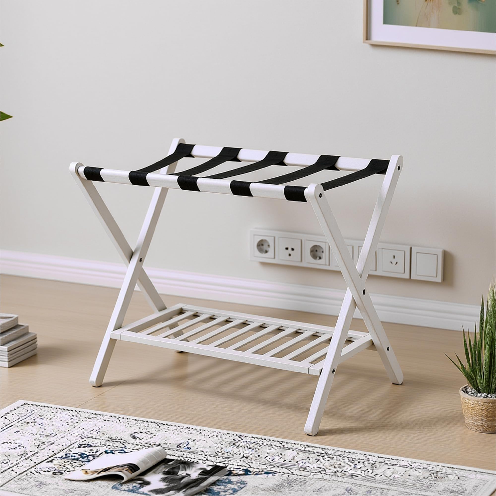 Bamboo Luggage Rack with Shoe Shelf Folding Suitcase Stand with 5 Heavy-Duty Straps for Guest Room Living Room Hotel Ideal Luggage Holder for Suitcases Bags Shoes,White
