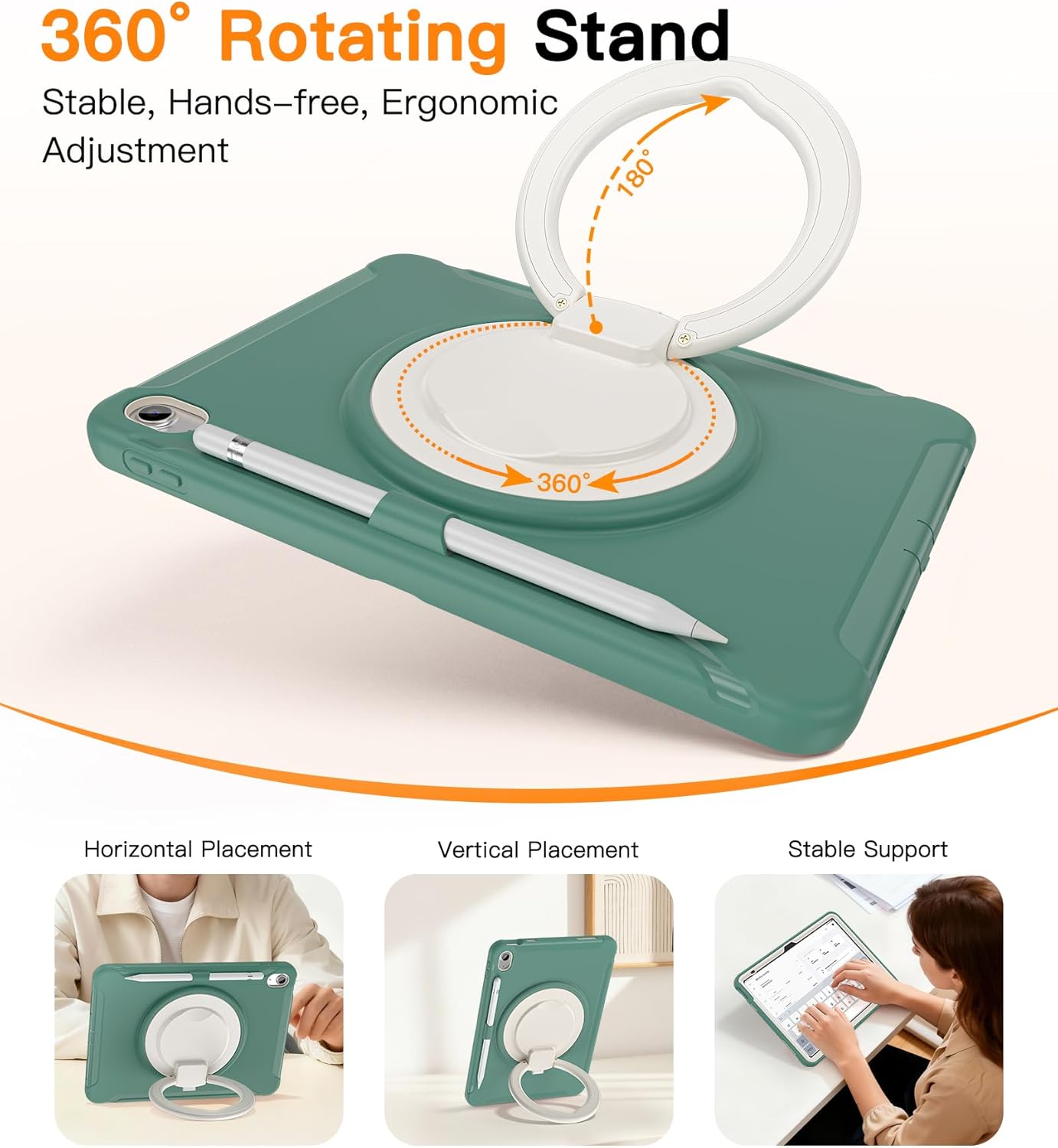 BATYUE Shockproof Case for iPad 10th Gen 10.9" 2022 / 11th Gen (A16) 11" 2025 | 360° Multi-Angle Stand (Portrait & Landscape) & Grip, Built-in Screen Protector, Pencil Holder, Jade Green