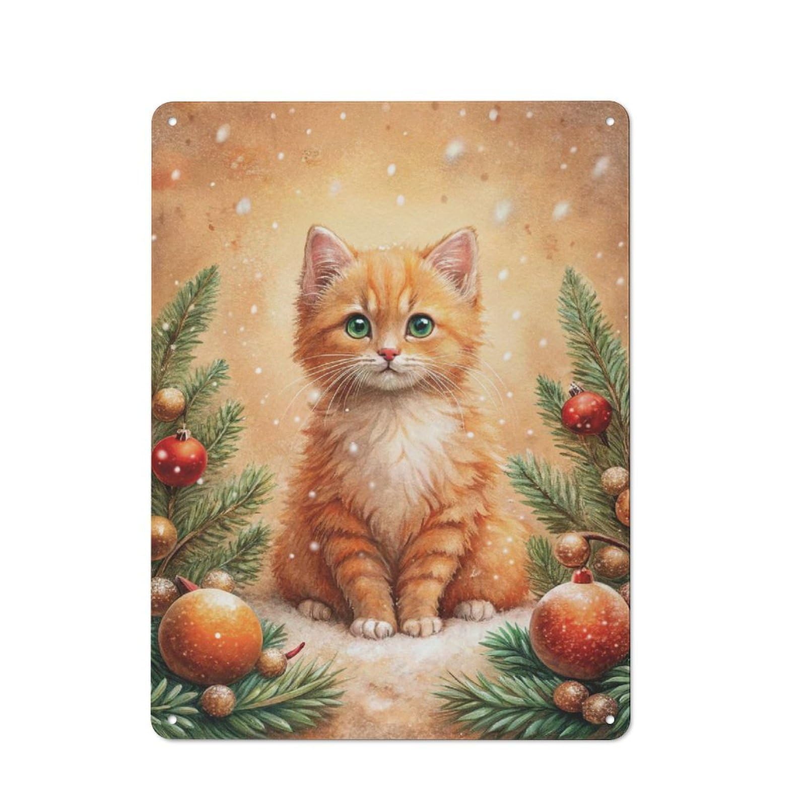 Junmoney Style-7 For Hobby Room Or Studio, Ginger Kitten Christmas Portrait Retro Tin Sign 40X30cm, Gift For Creative Interior Collectors During The Christmas Season