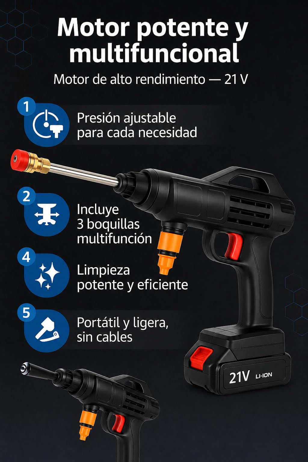Pistola hidrolimpiadora de 300W para múltiples usos Limpiador inalámbrico de Alta presión con Accesorios Lavadora Alta presión portátil Incluye 2 baterías